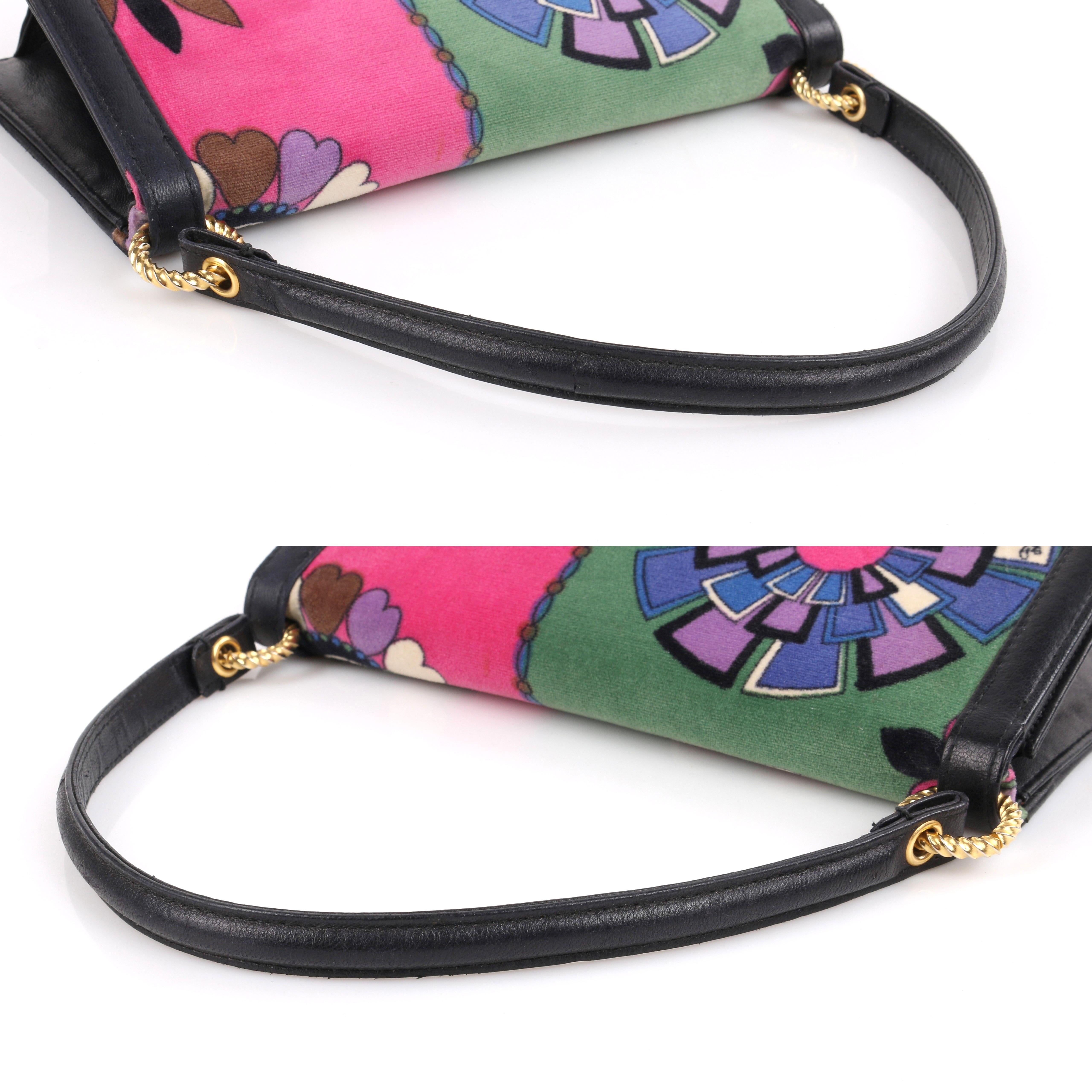 EMILIO PUCCI c.1960’s Floral Signature Print Multi-Color Velvet Leather Handbag  For Sale 2