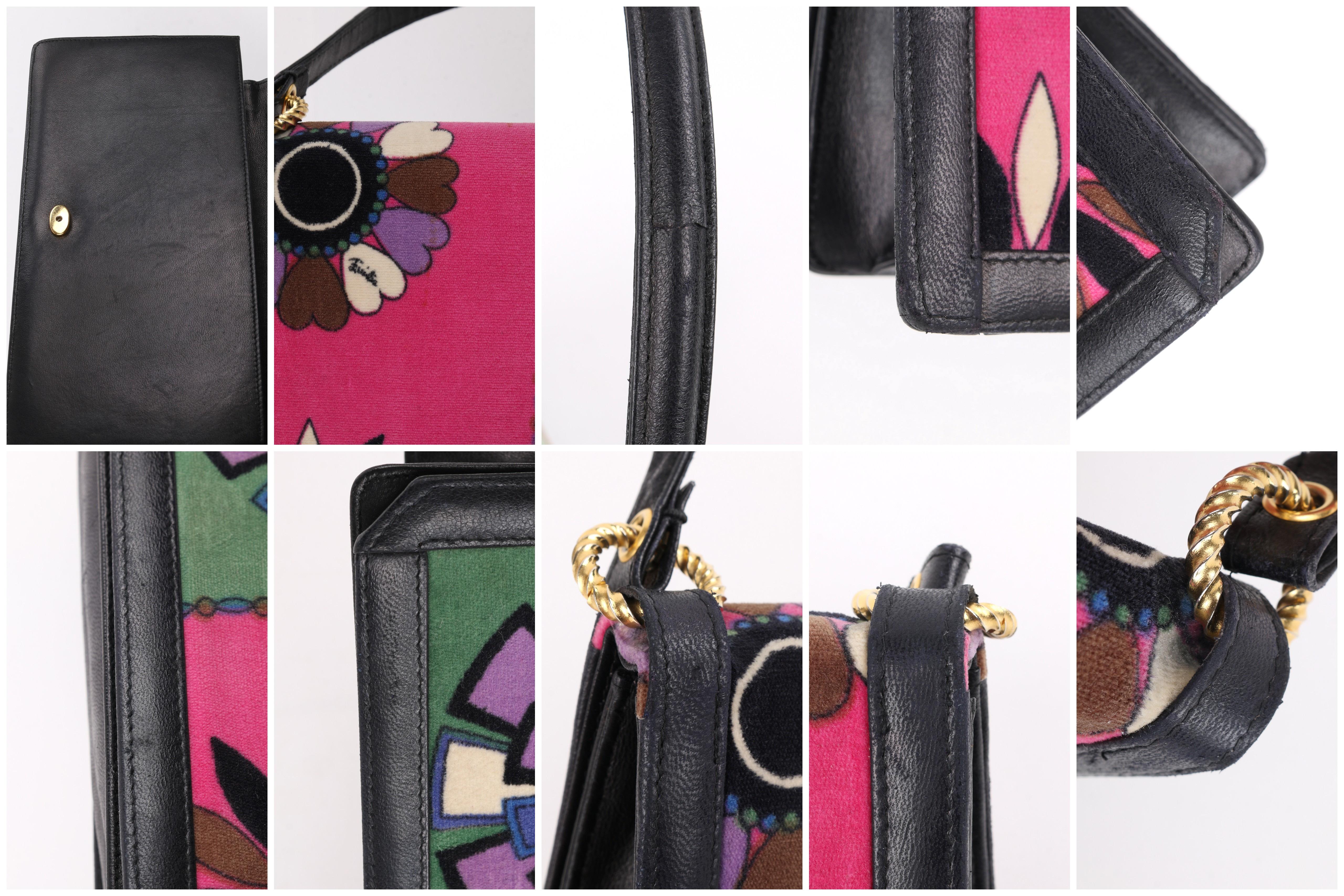 EMILIO PUCCI c.1960’s Floral Signature Print Multi-Color Velvet Leather Handbag  For Sale 4