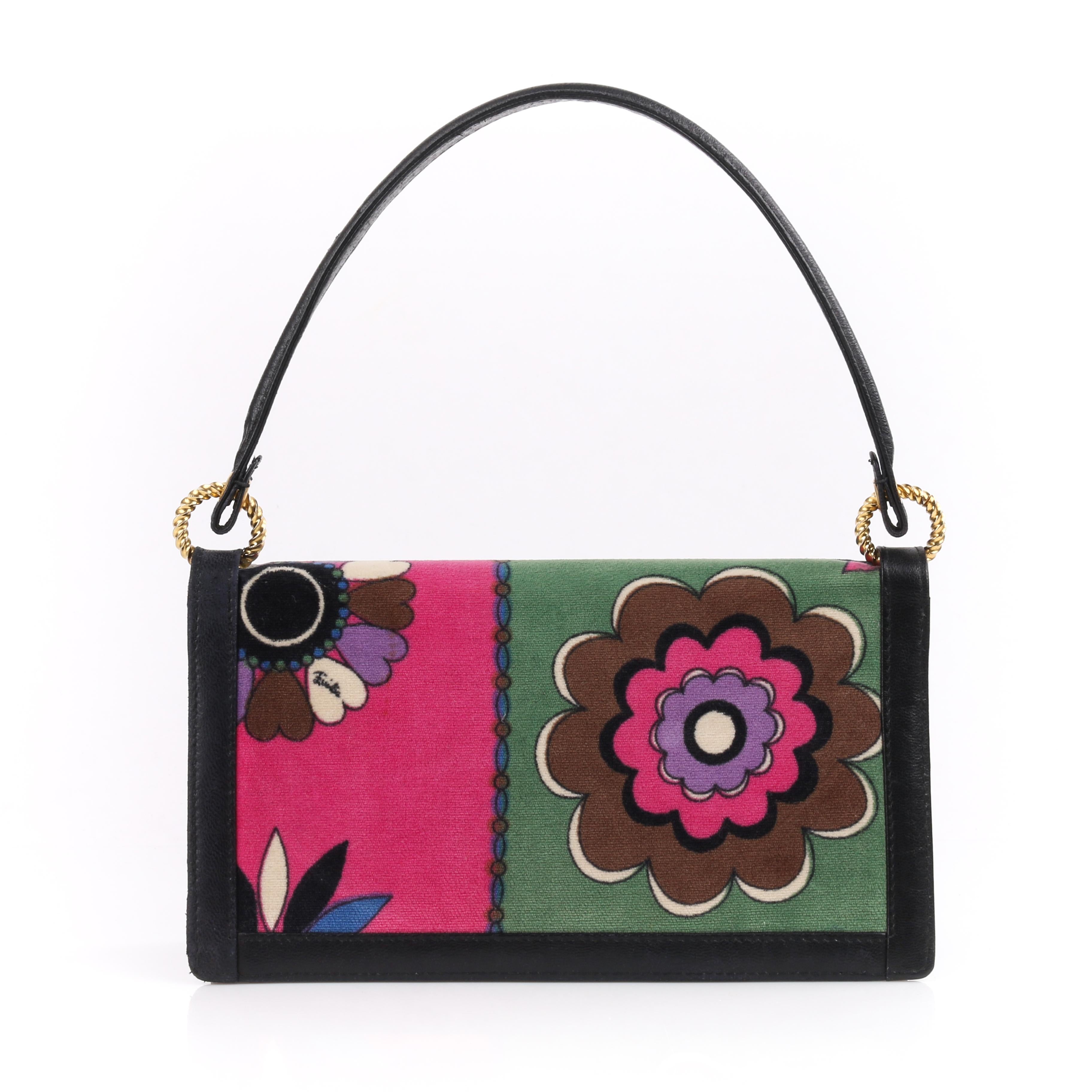 EMILIO PUCCI c.1960’s Floral Signature Print Multi-Color Velvet Leather Handbag 
 
Circa: 1960’s
Label(s): Emilio Pucci by Jana
Style: Handbag
Color(s): Shades of black, green, pink, blue, purple and off-white. 
Lined: Yes
Unmarked Fabric Content: