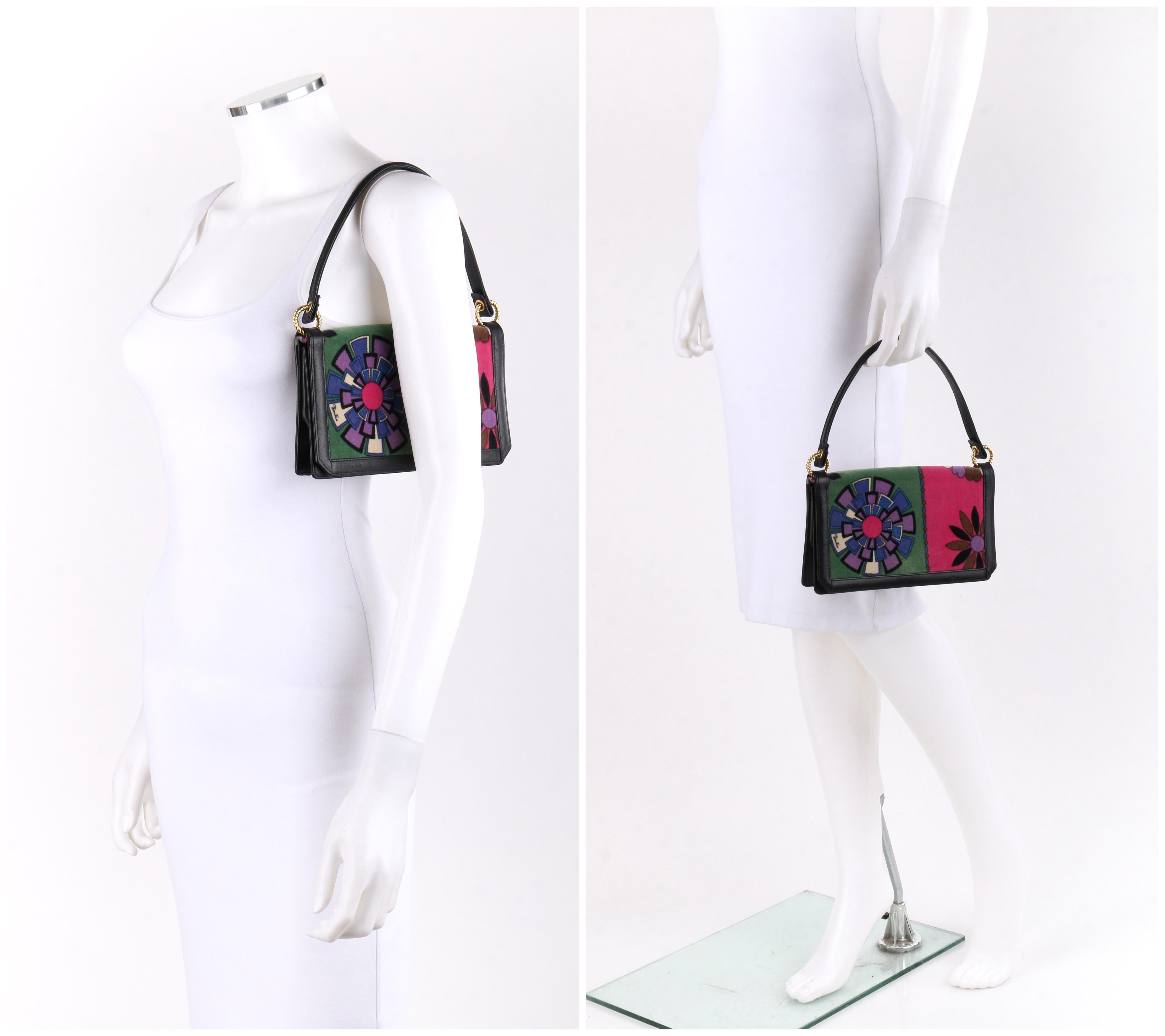 EMILIO PUCCI c.1960's Floral Signature Print Multi-Color Samt Leder Handtasche  (Schwarz) im Angebot