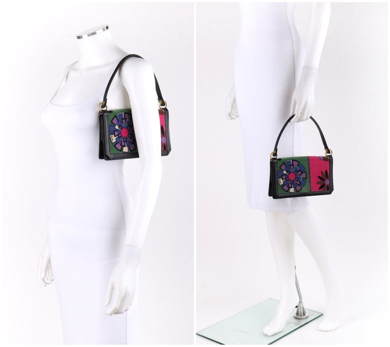 Black EMILIO PUCCI c.1960’s Floral Signature Print Multi-Color Velvet Leather Handbag  For Sale