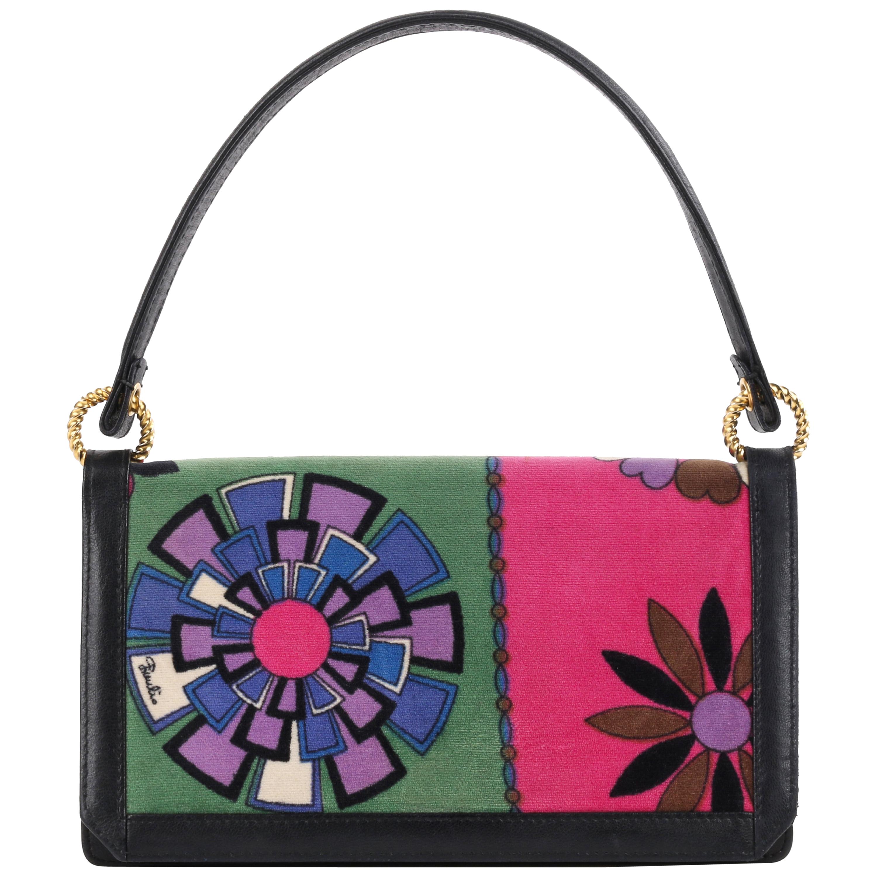 EMILIO PUCCI c.1960’s Floral Signature Print Multi-Color Velvet Leather Handbag 