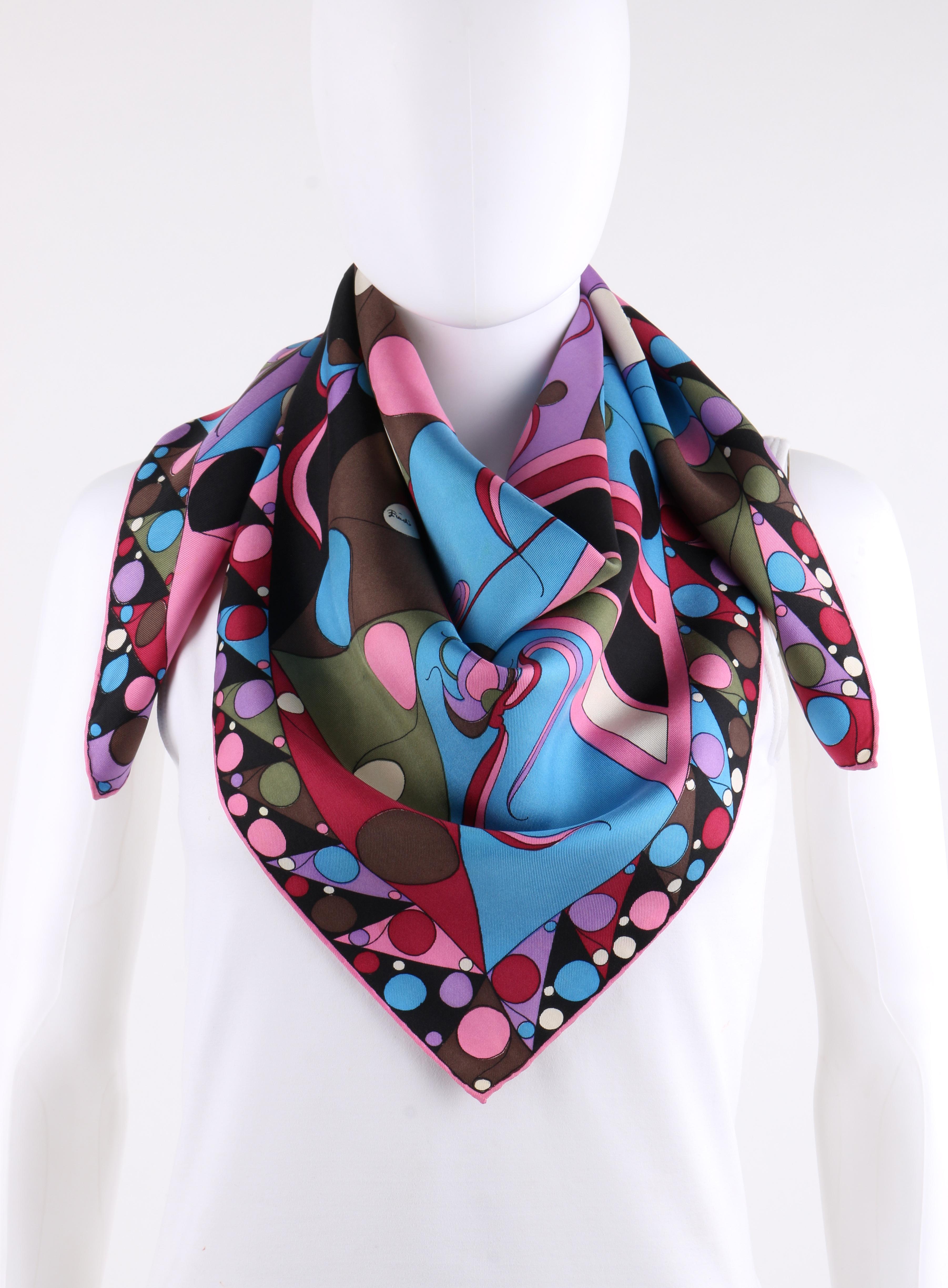 DESCRIPTION: EMILIO PUCCI c.1960's Geometric Floral Signature Print Silk Scarf
 
Circa: c.1960’s
Label(s): Emilio Pucci
Style: Scarf
Color(s): Shades of maroon, pink, olive green, teal blue, purple, off white, olive brown, and black
Lined: No
Marked