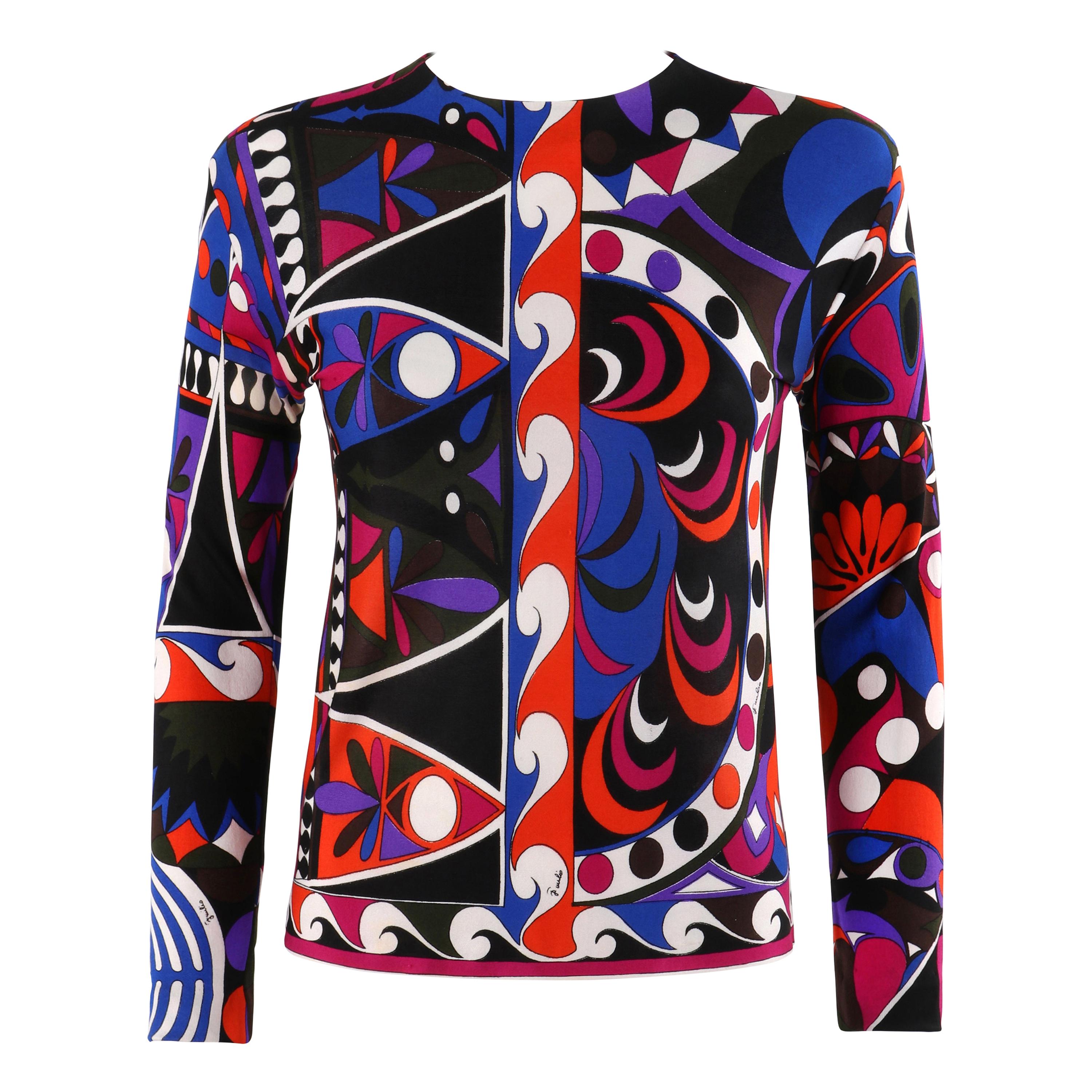 EMILIO PUCCI c.1960's Geometric Wave Abstract Signature Print Silk Jersey  Top