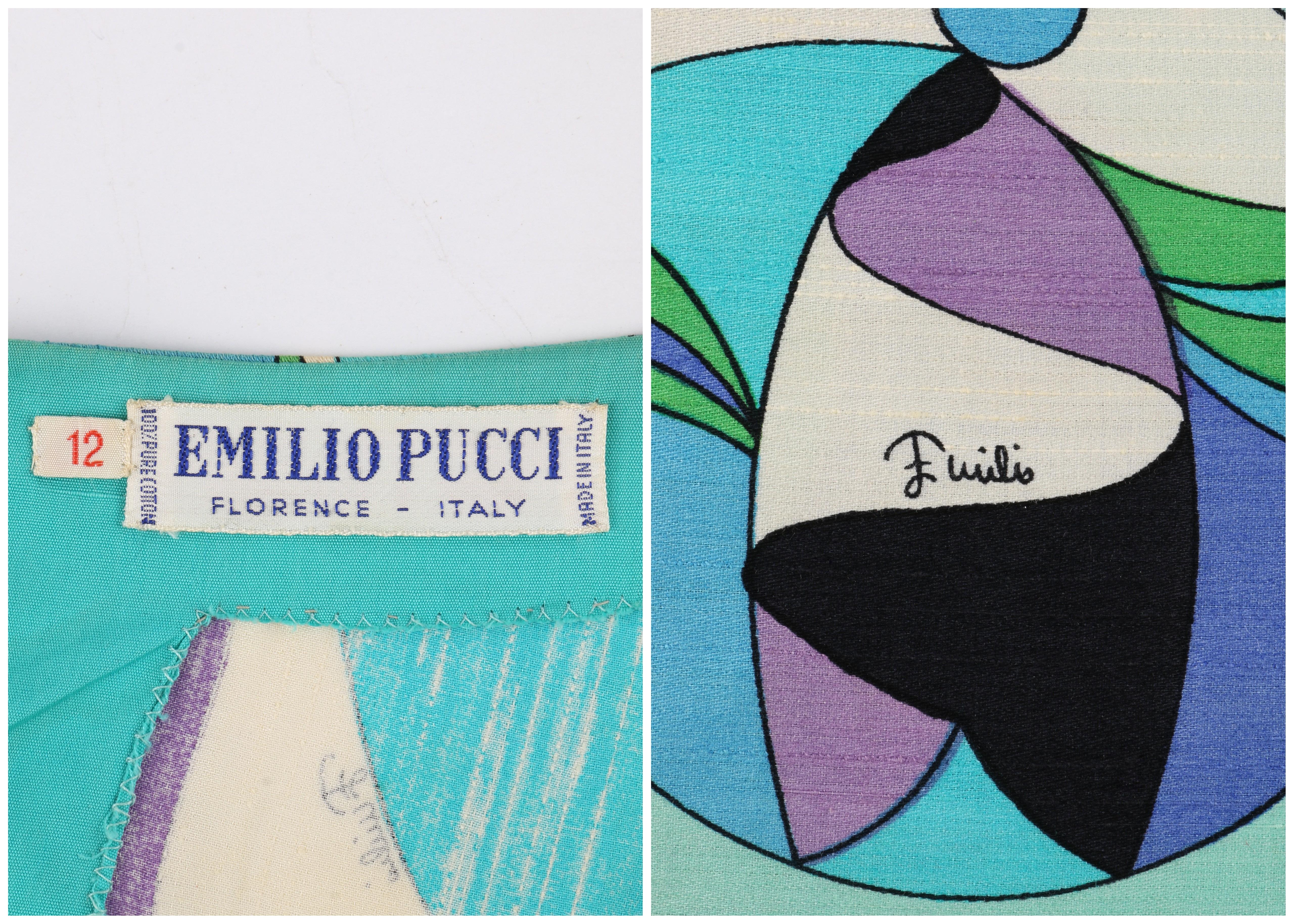 EMILIO PUCCI c.1960’s Green Blue Op Art Signature Print Sheath Dress For Sale 1