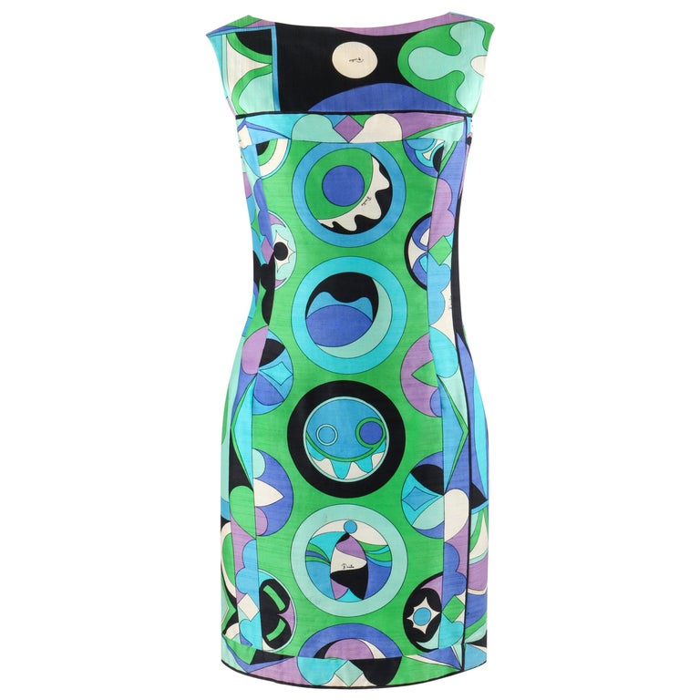 EMILIO PUCCI c.1960's Green Blue Op Art Signature Print Sheath Dress For  Sale at 1stDibs