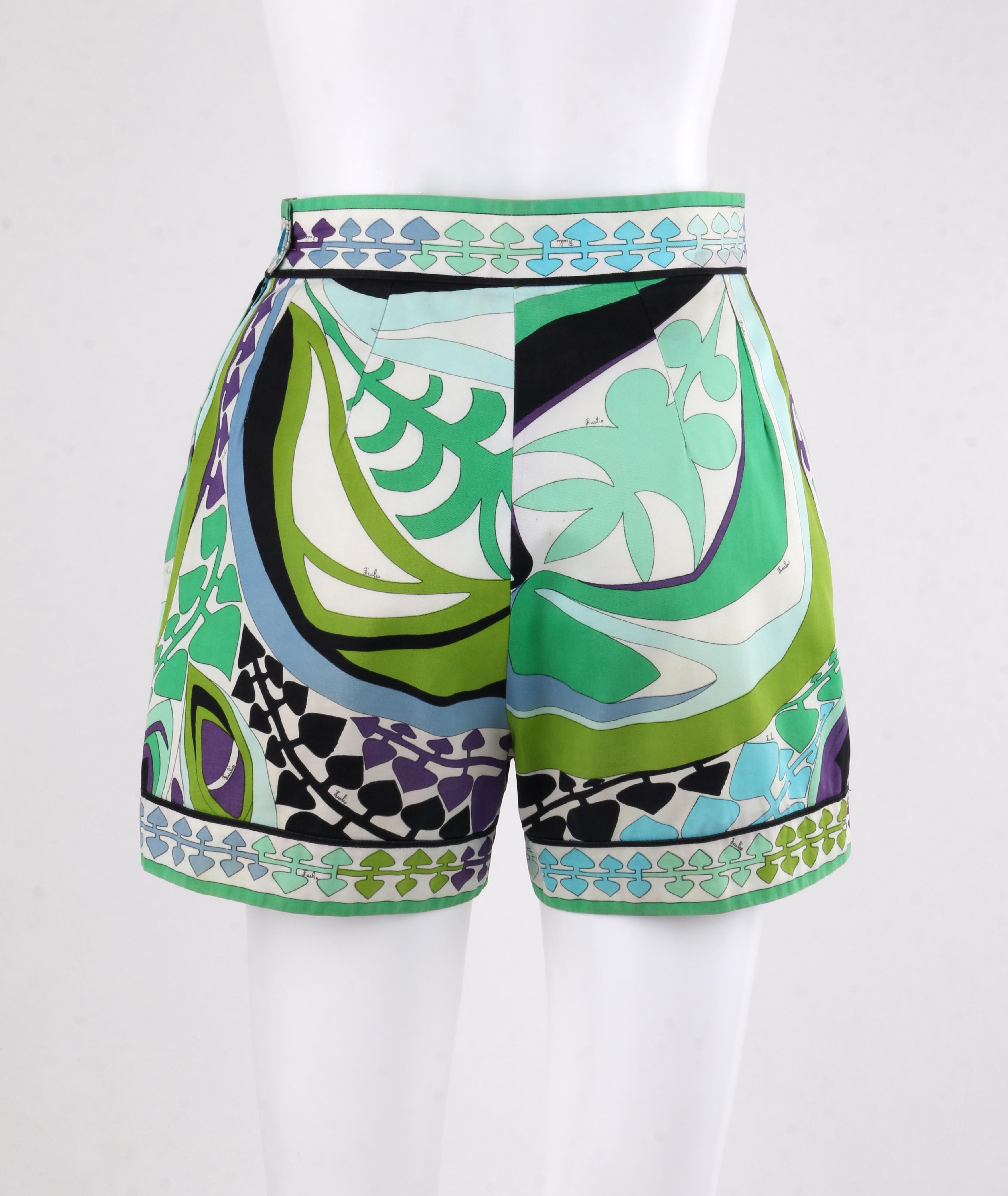 Women's EMILIO PUCCI c.1960’s Green Multi-Color Signature Print Cotton Shorts 