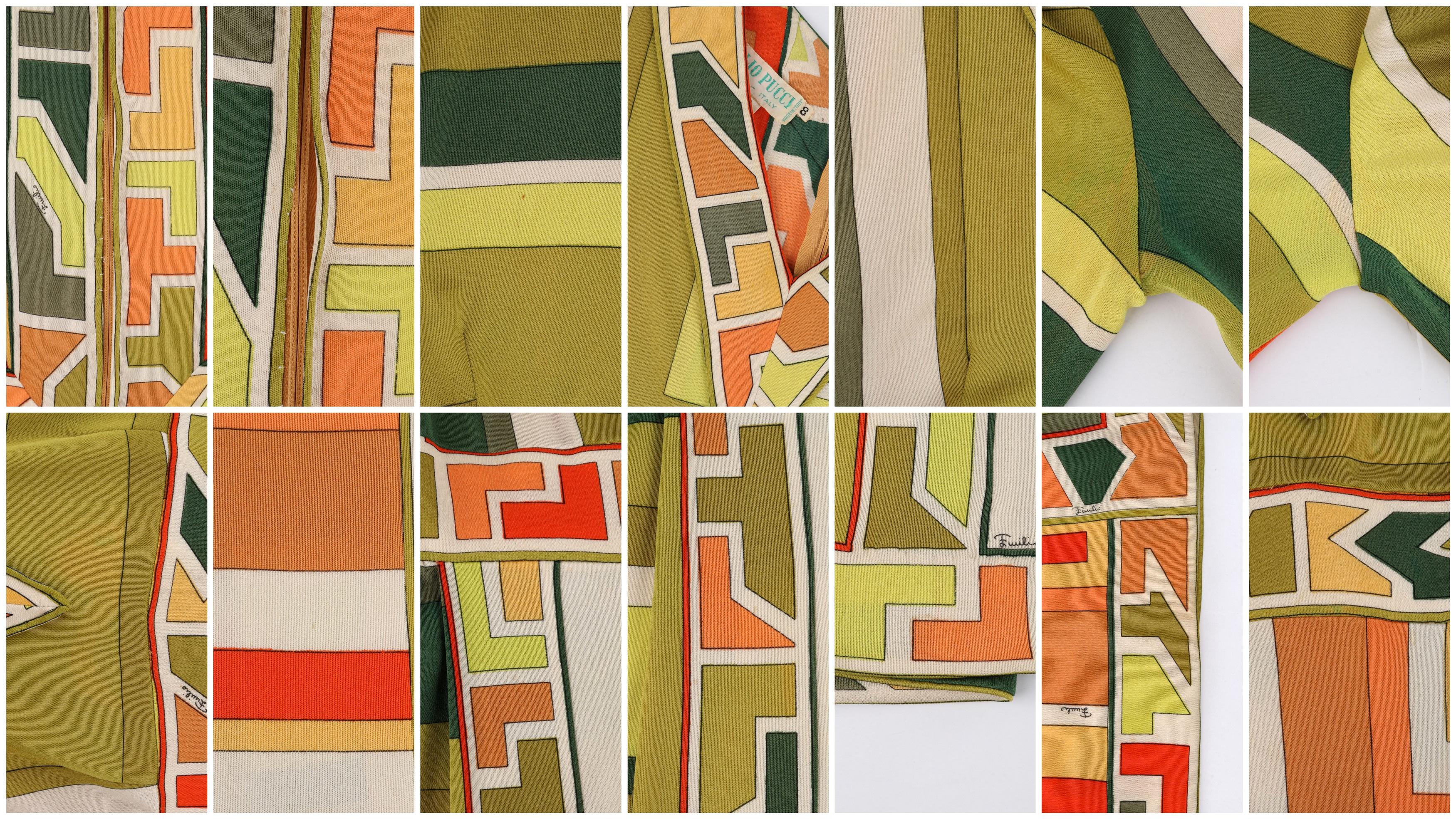 EMILIO PUCCI c.1960s Green Multicolor Silk Geometric Print V-Neck Pleated Dress For Sale 2