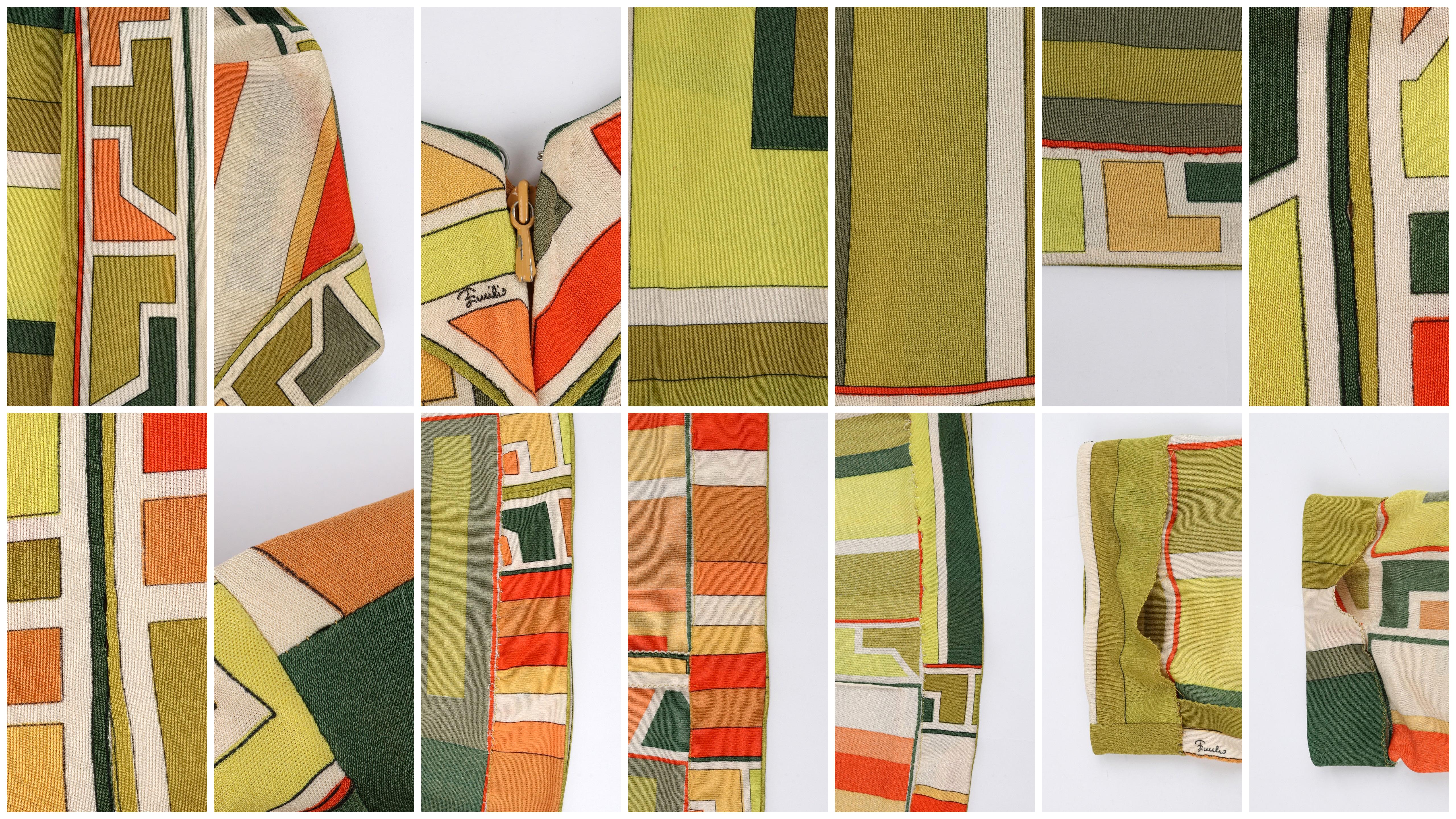 EMILIO PUCCI c.1960s Green Multicolor Silk Geometric Print V-Neck Pleated Dress For Sale 3