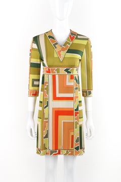 EMILIO PUCCI c.1960s Green Multicolor Silk Geometric Print V-Neck Pleated Dress