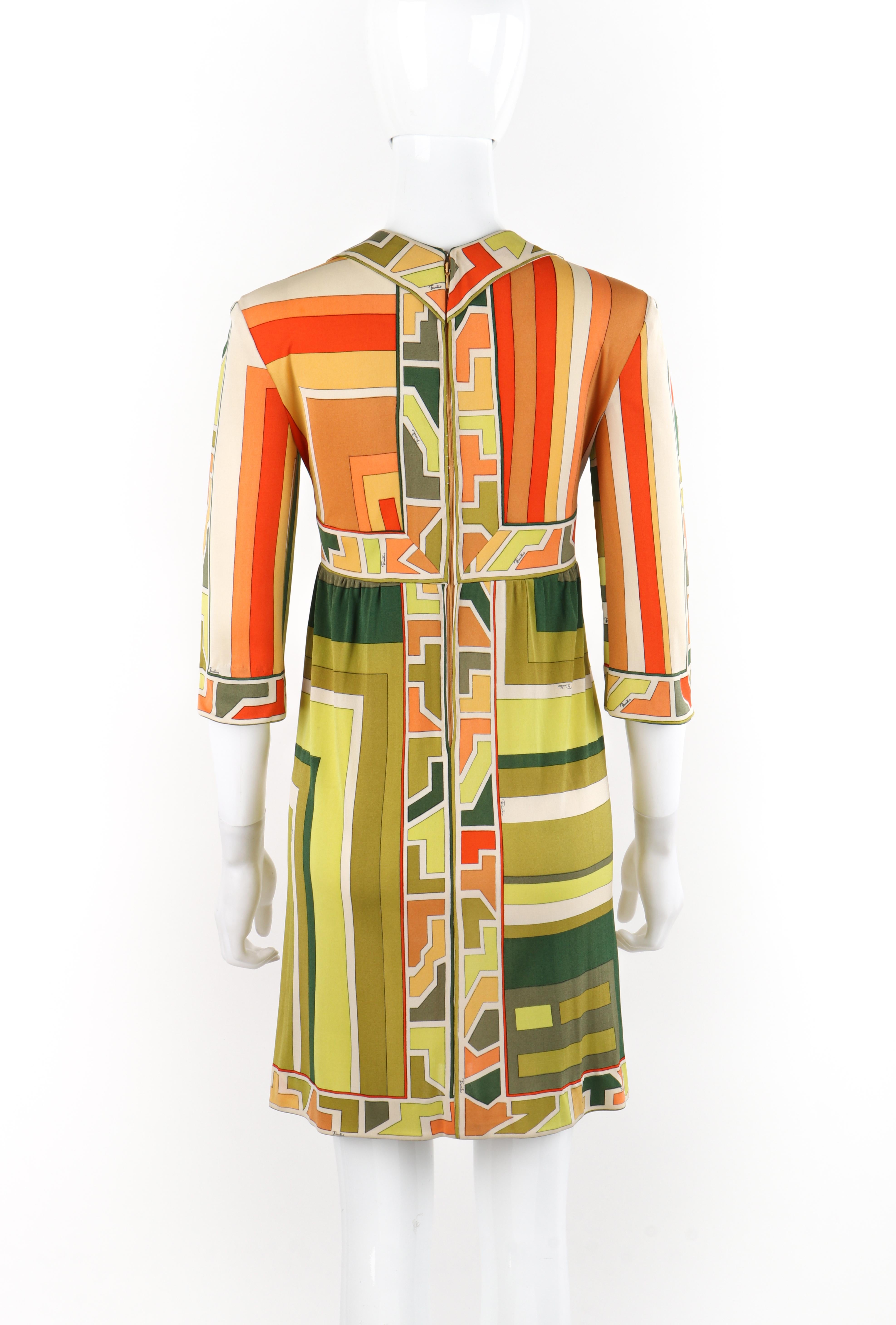 Brown EMILIO PUCCI c.1960s Green Multicolor Silk Geometric Print V-Neck Pleated Dress For Sale