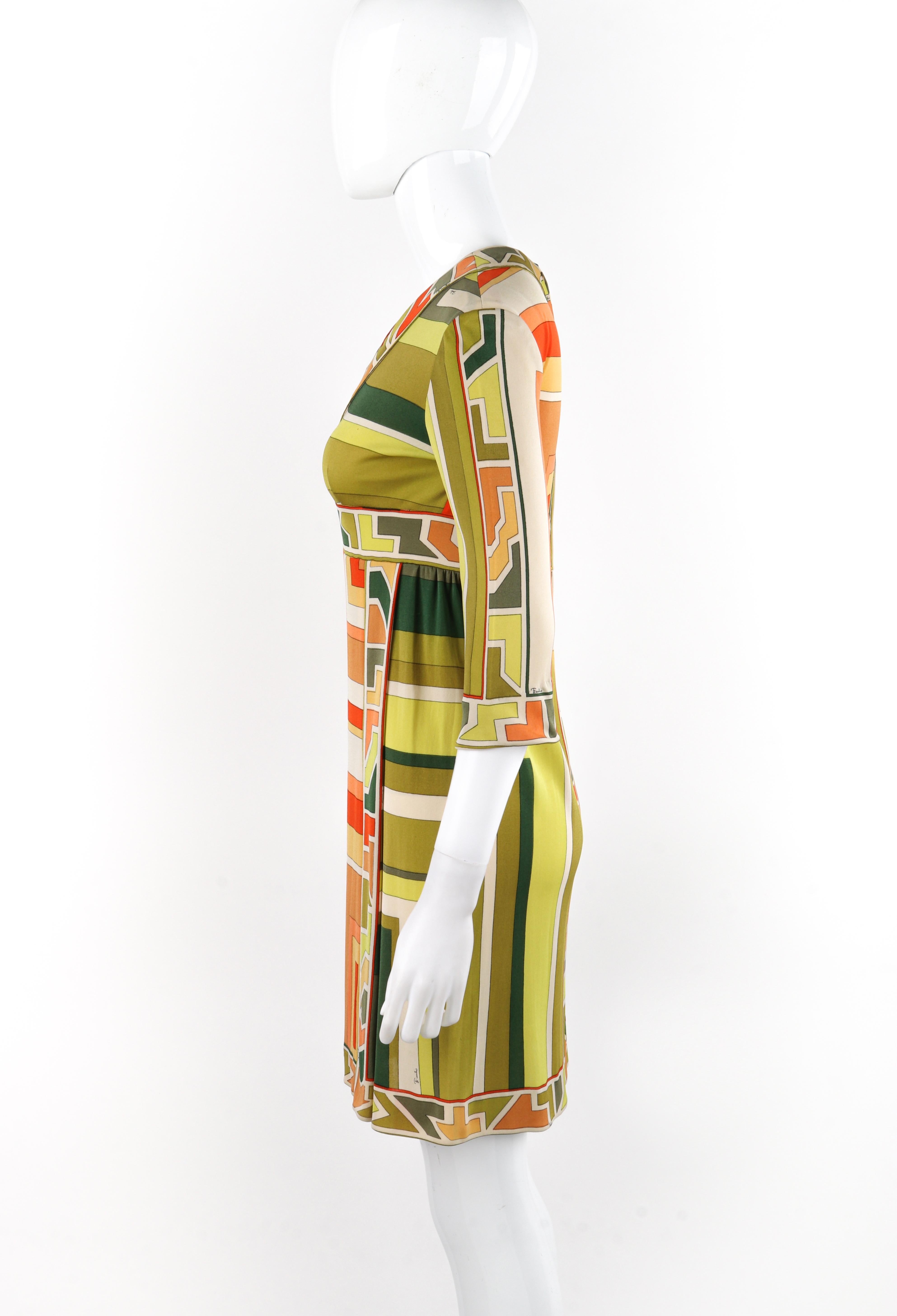 EMILIO PUCCI c.1960s Green Multicolor Silk Geometric Print V-Neck Pleated Dress In Good Condition For Sale In Thiensville, WI