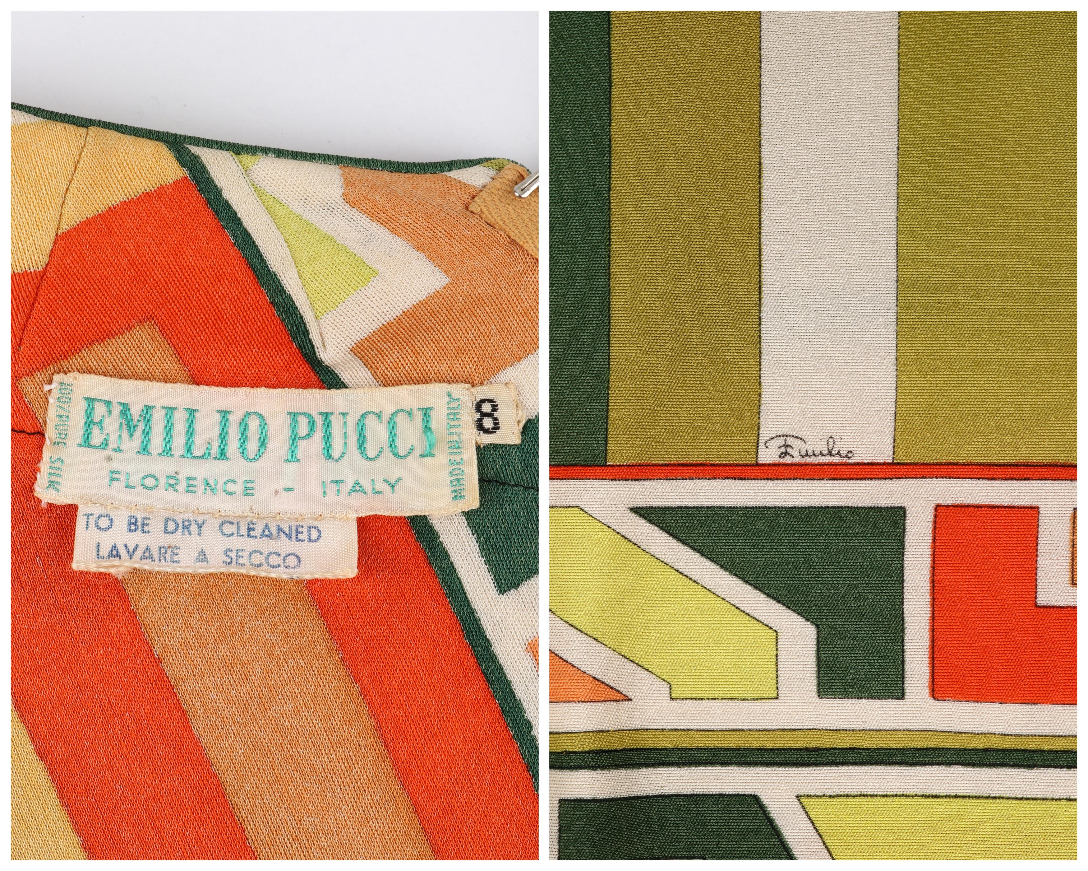 Women's EMILIO PUCCI c.1960s Green Multicolor Silk Geometric Print V-Neck Pleated Dress For Sale