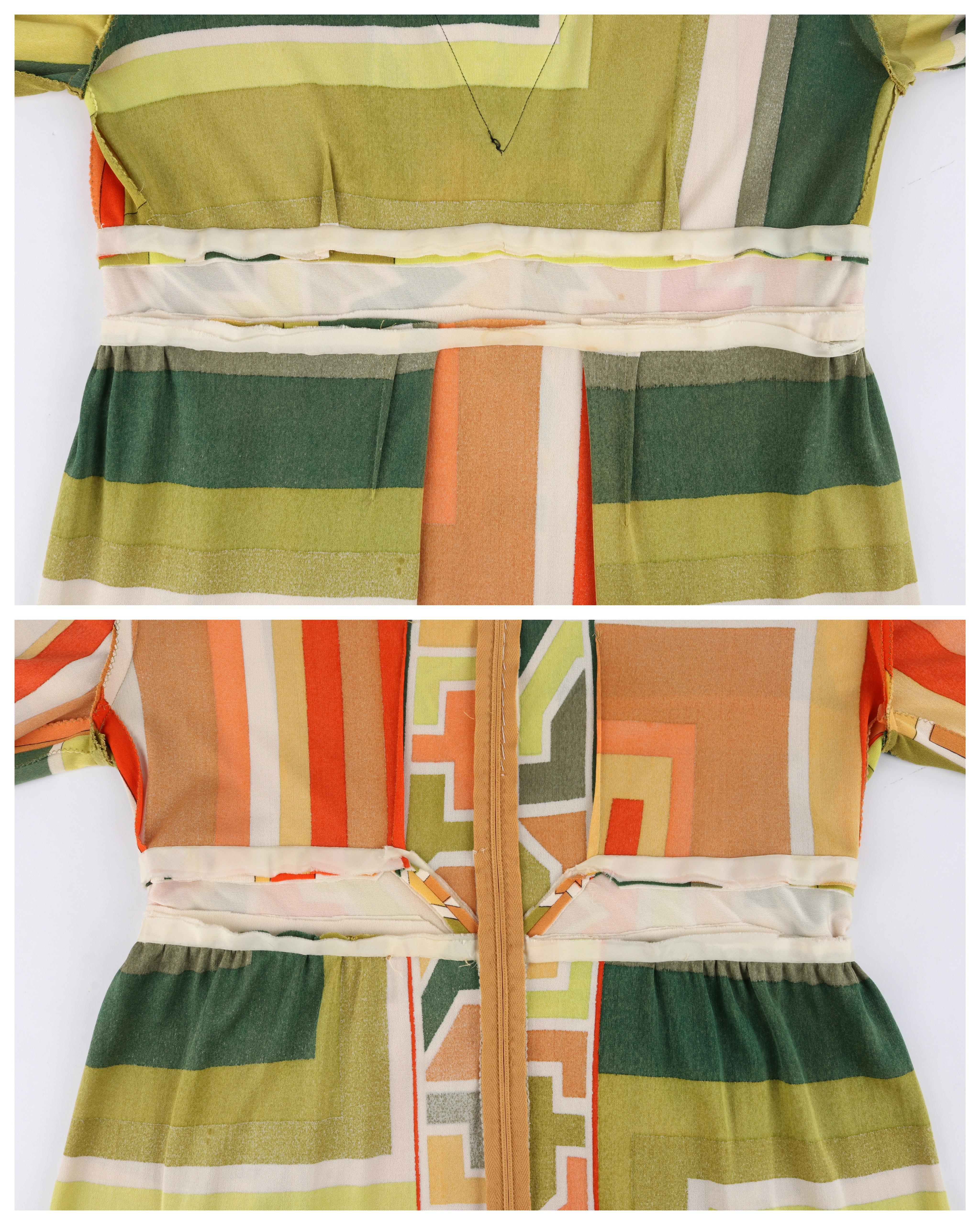 EMILIO PUCCI c.1960s Green Multicolor Silk Geometric Print V-Neck Pleated Dress For Sale 1