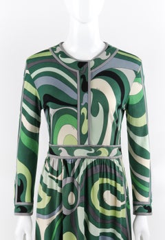 EMILIO PUCCI c.1960’s Green Signature Op Art Long Sleeve Silk Jersey Shift Dress