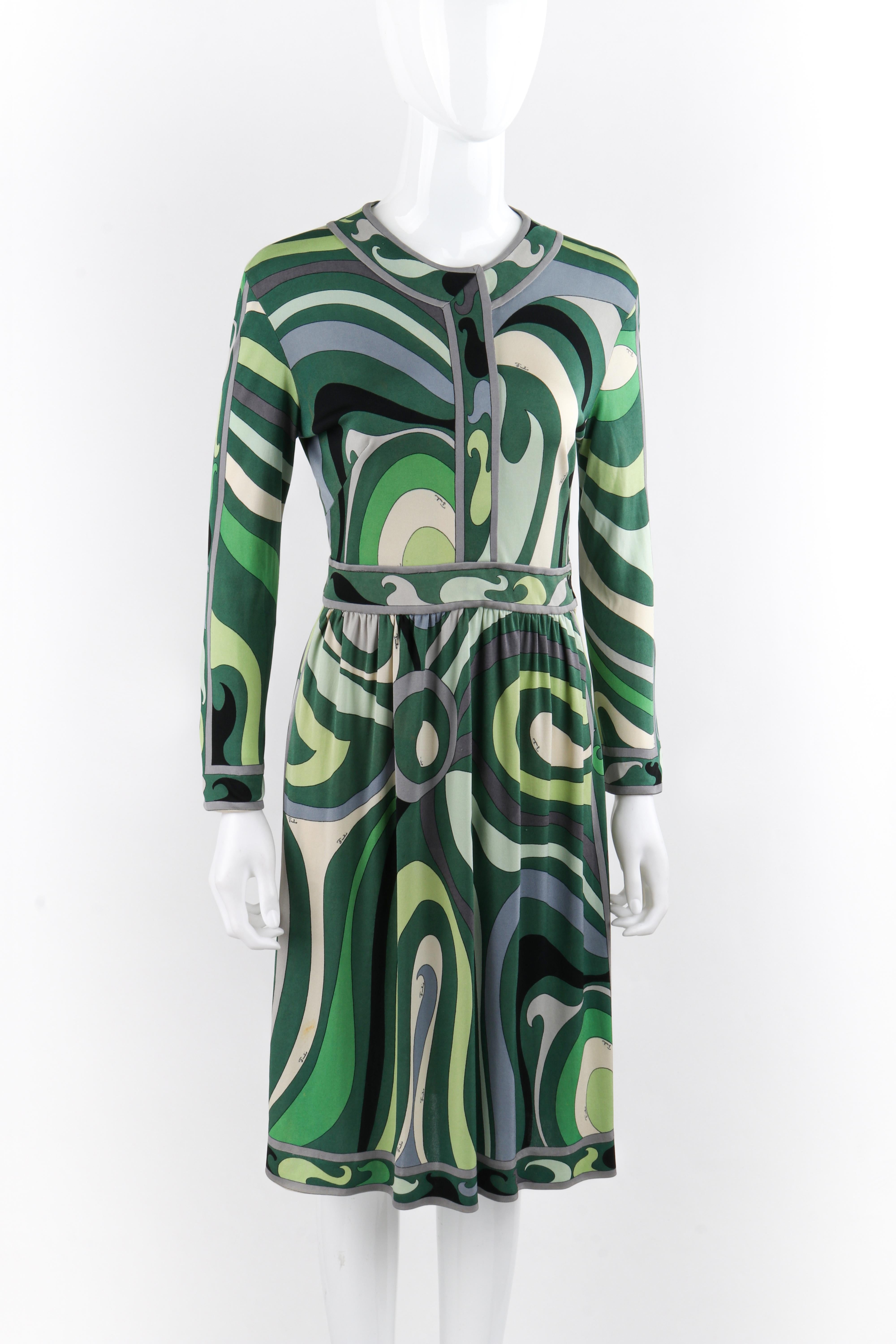 Noir EMILIO PUCCI Robe droite en jersey de soie à manches longues Op Art caractéristique verte, années 1960 en vente