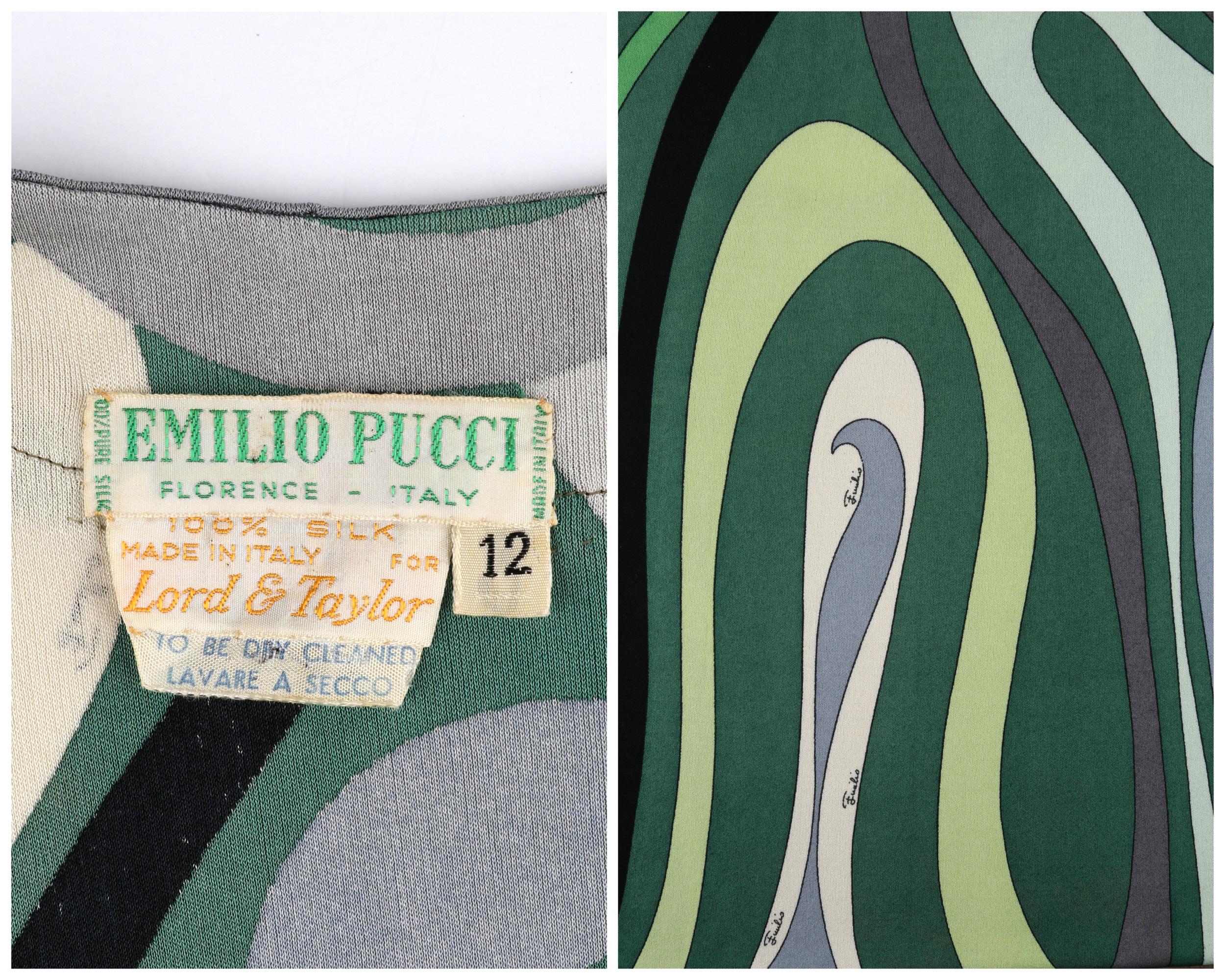 EMILIO PUCCI c.1960’s Green Signature Op Art Long Sleeve Silk Jersey Shift Dress For Sale 2