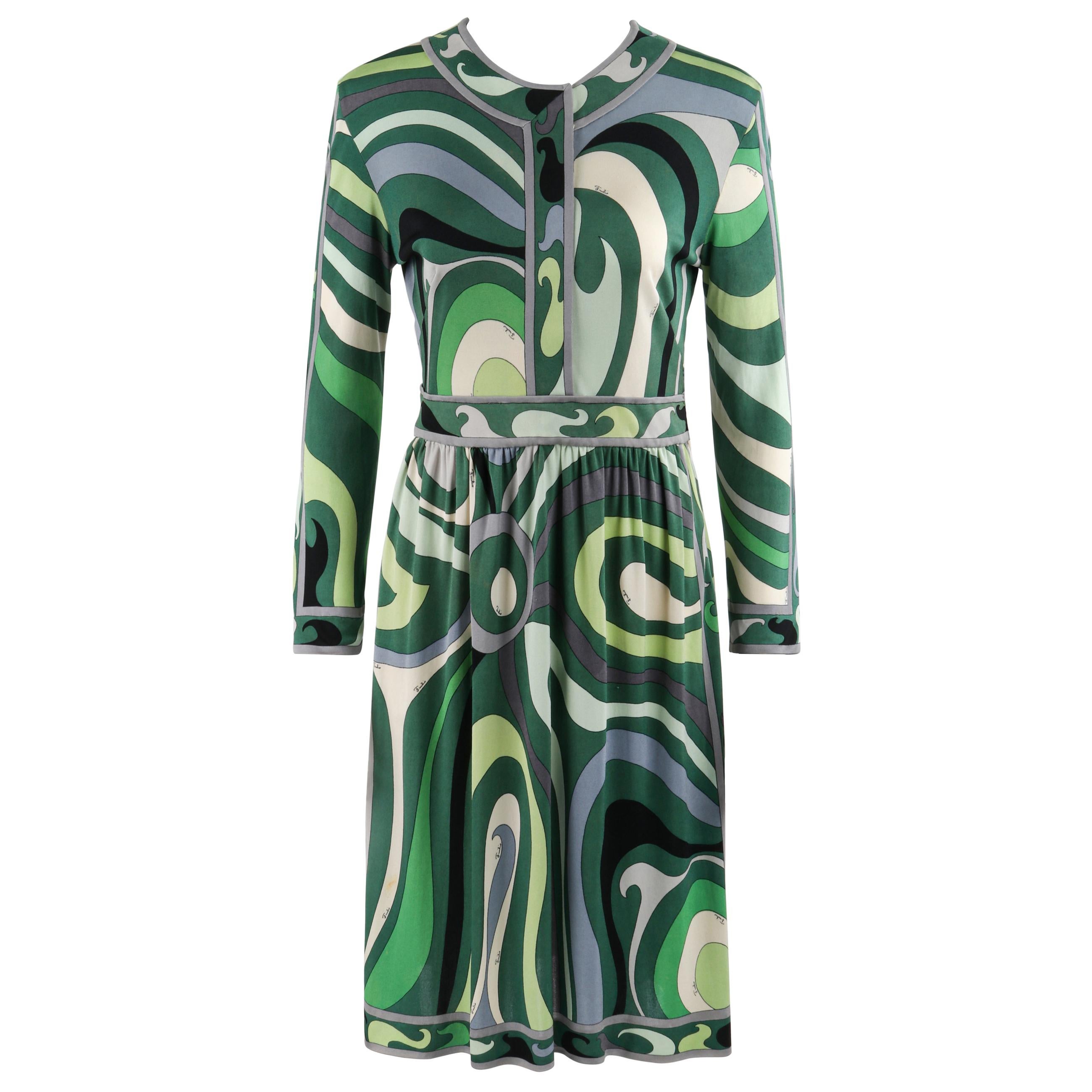 EMILIO PUCCI Robe droite en jersey de soie à manches longues Op Art caractéristique verte, années 1960 en vente