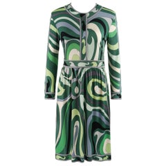 EMILIO PUCCI c.1960’s Green Signature Op Art Long Sleeve Silk Jersey Shift Dress