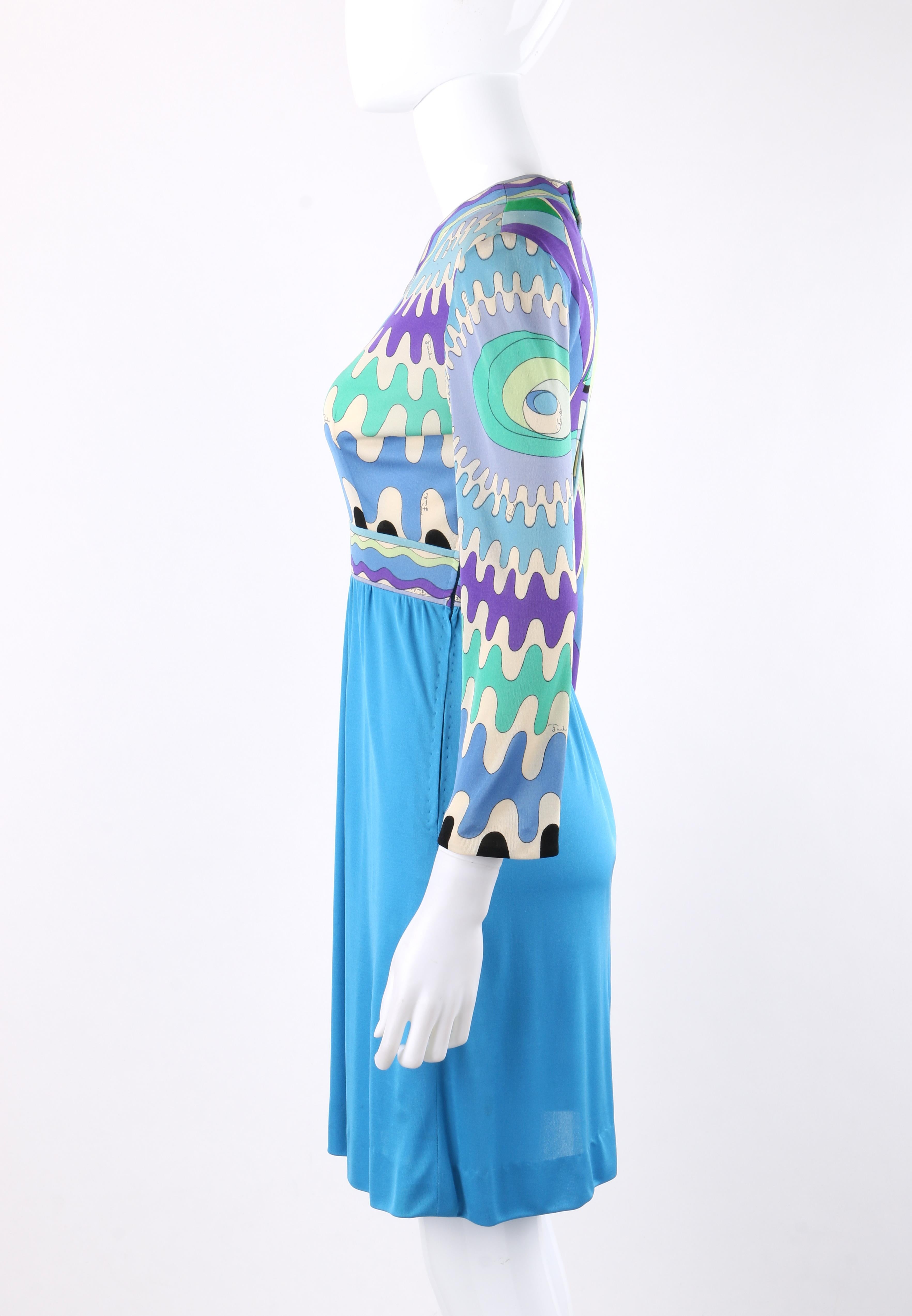 Blue EMILIO PUCCI c.1960's Mod Op Art Signature Print Silk Jersey Knit Shift Dress For Sale