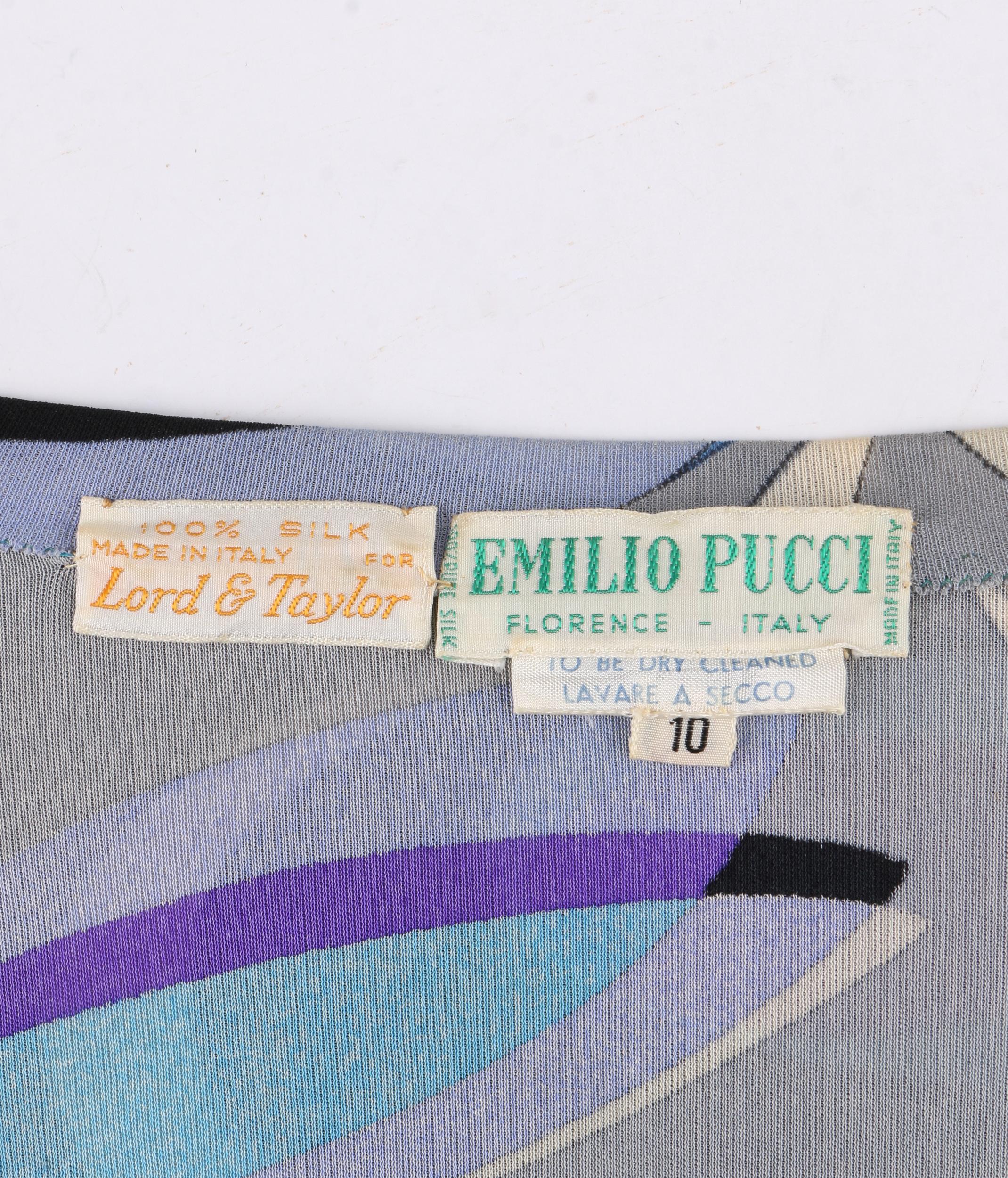 EMILIO PUCCI c.1960’s Mod Op Art Signature Print Silk Jersey Knit Wedge Dress In Good Condition For Sale In Thiensville, WI