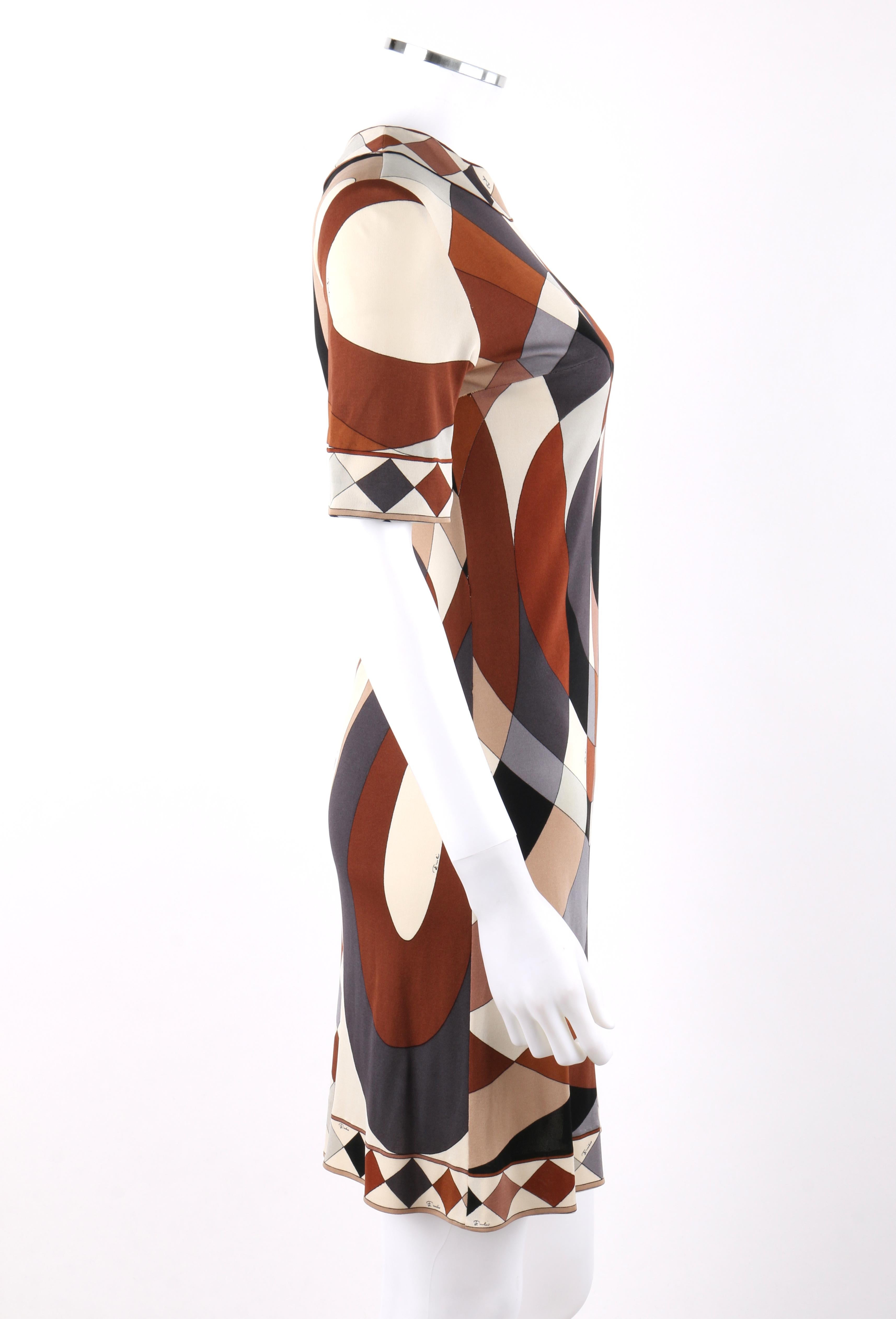 Marron Emilio Pucci c.1960's Multi-color Op Art Signature Print Silk Jersey Shift Dress en vente