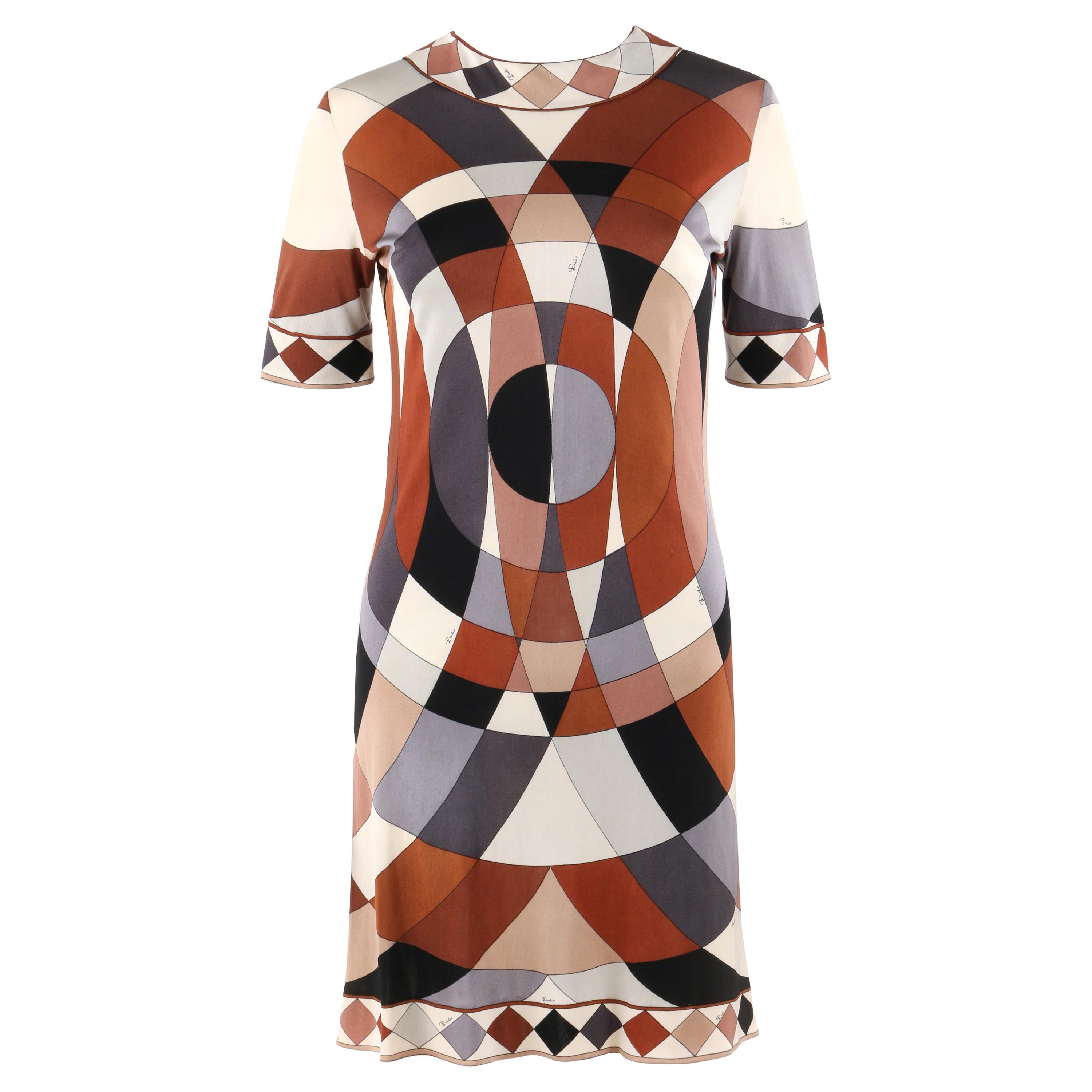EMILIO PUCCI c.1960’s Multi-color Op Art Signature Print Silk Jersey Shift Dress For Sale