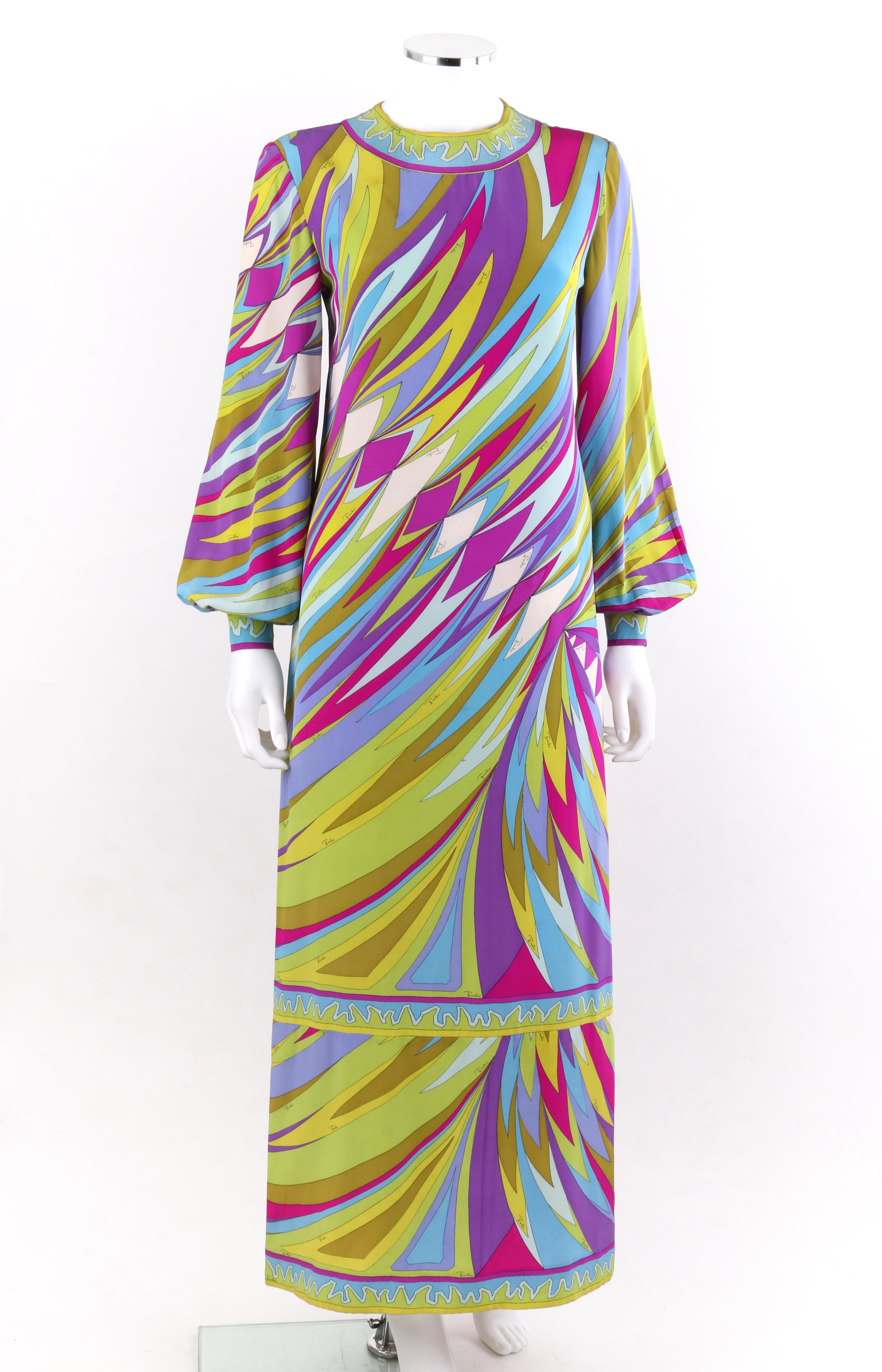 Marron EMILIO PUCCI c.1960's Multi-color Op Art Signature Print Silk Maxi Dress  en vente