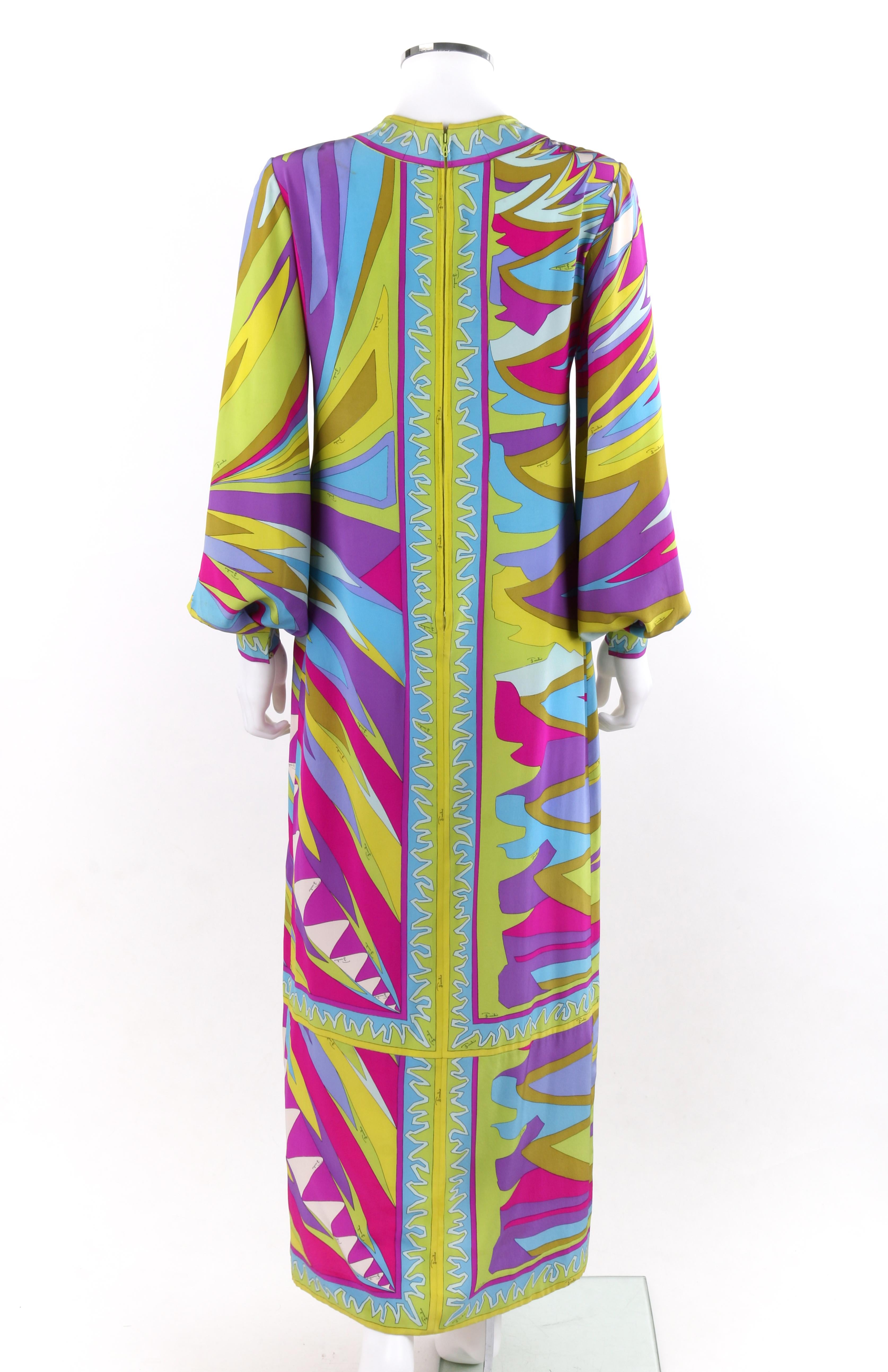 EMILIO PUCCI c.1960's Multi-color Op Art Signature Print Silk Maxi Dress  Pour femmes en vente