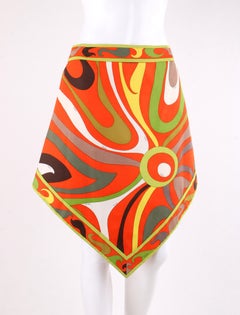 EMILIO PUCCI c.1960’s Multi-Color Signature Print Cotton Scarf Hem A-line Skirt