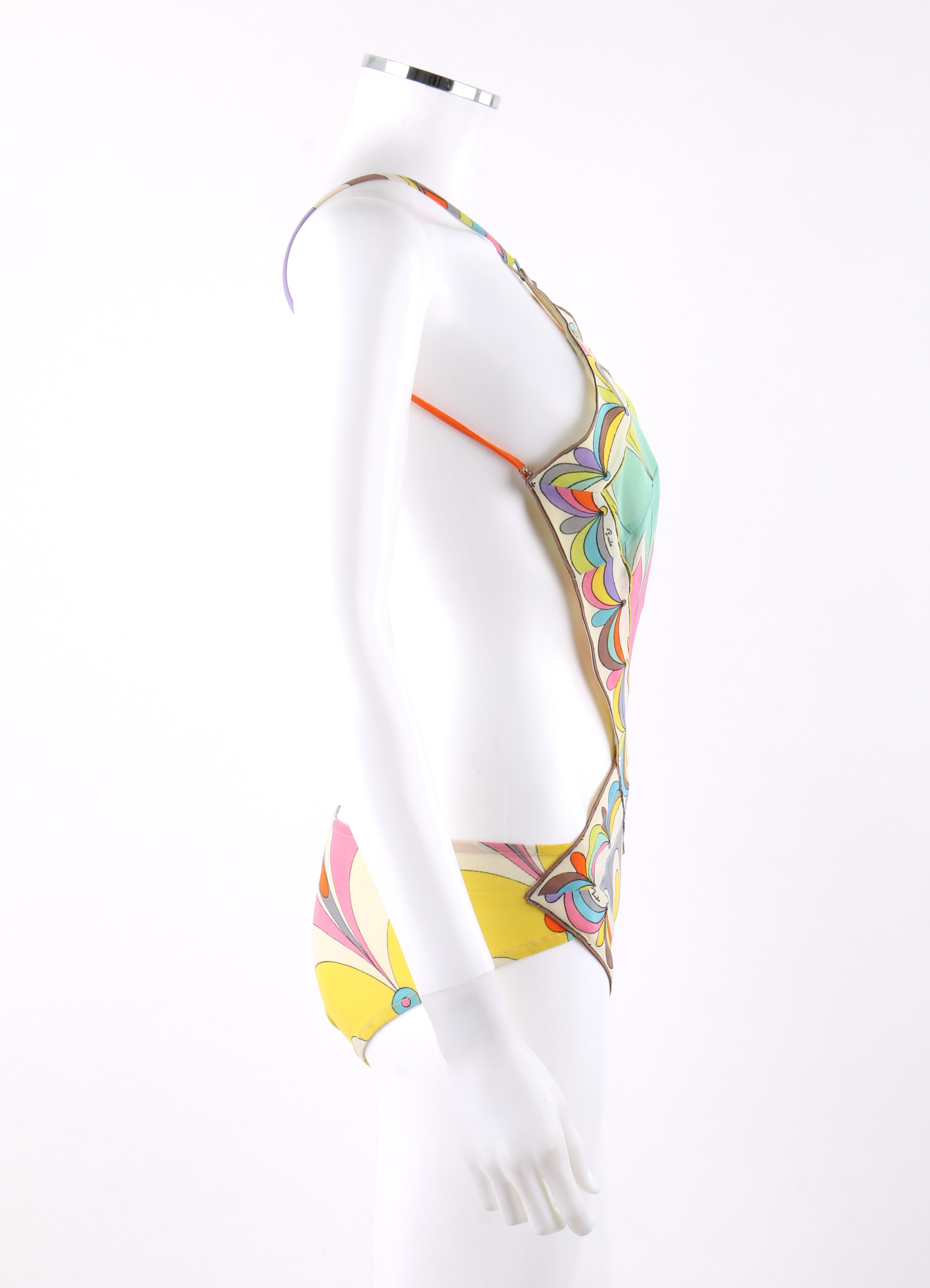Gray EMILIO PUCCI c.1960’s Multi-Color Signature Print Diamond Cut One-Piece Swimsuit