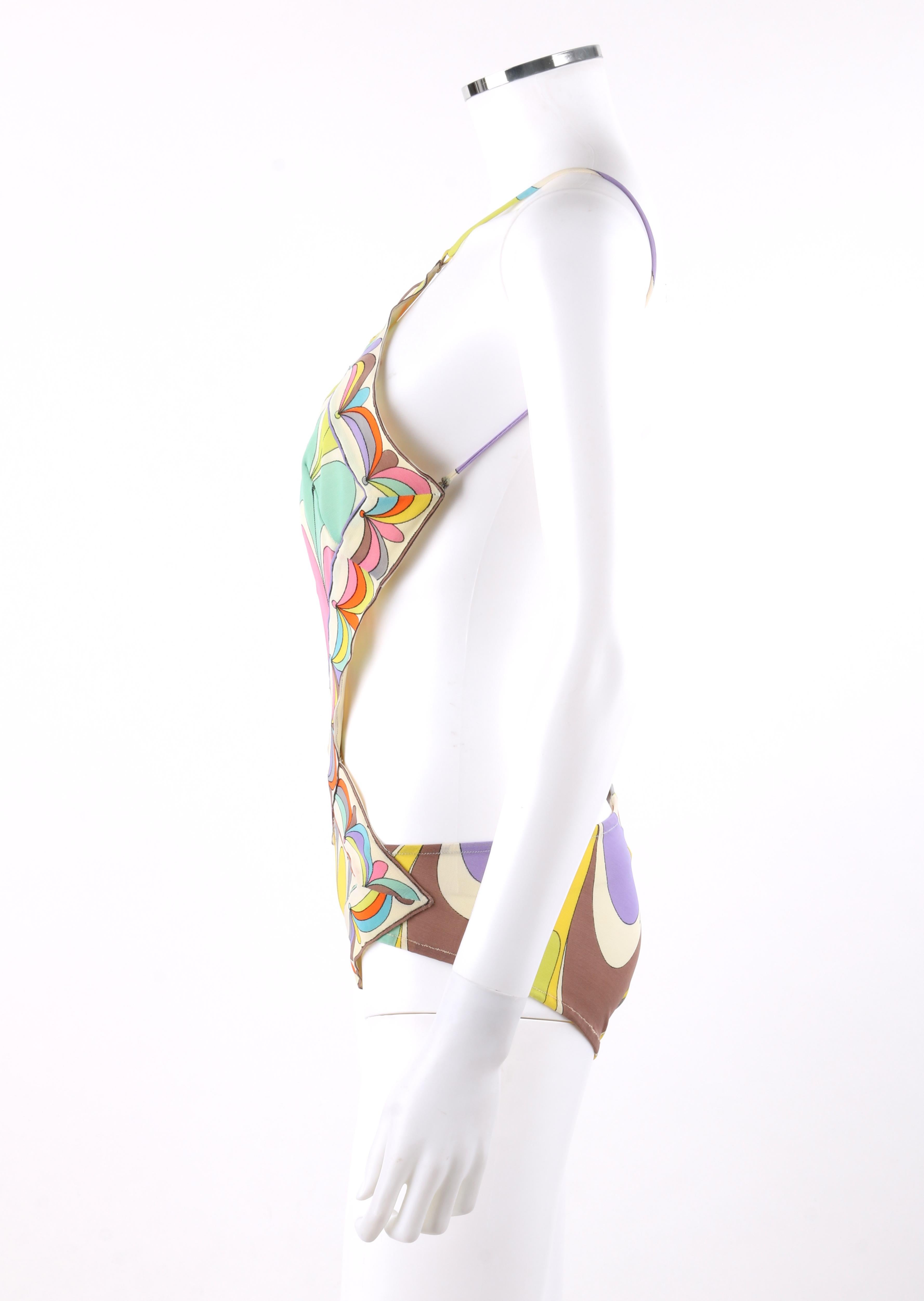 EMILIO PUCCI c.1960’s Multi-Color Signature Print Diamond Cut One-Piece Swimsuit In Good Condition In Thiensville, WI