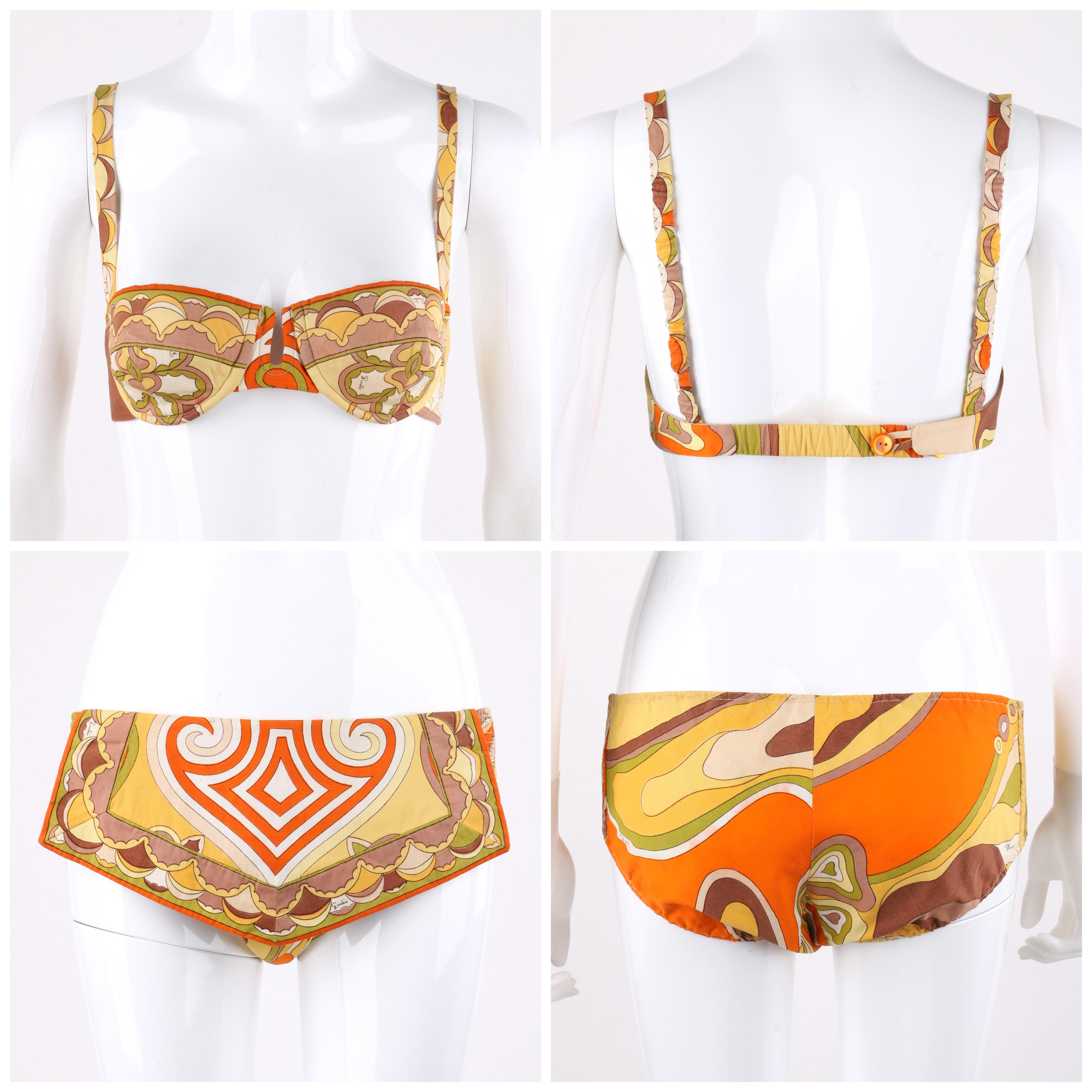 Orange EMILIO PUCCI c.1960’s Multi-color Signature Print Two Piece Bikini Swimsuit