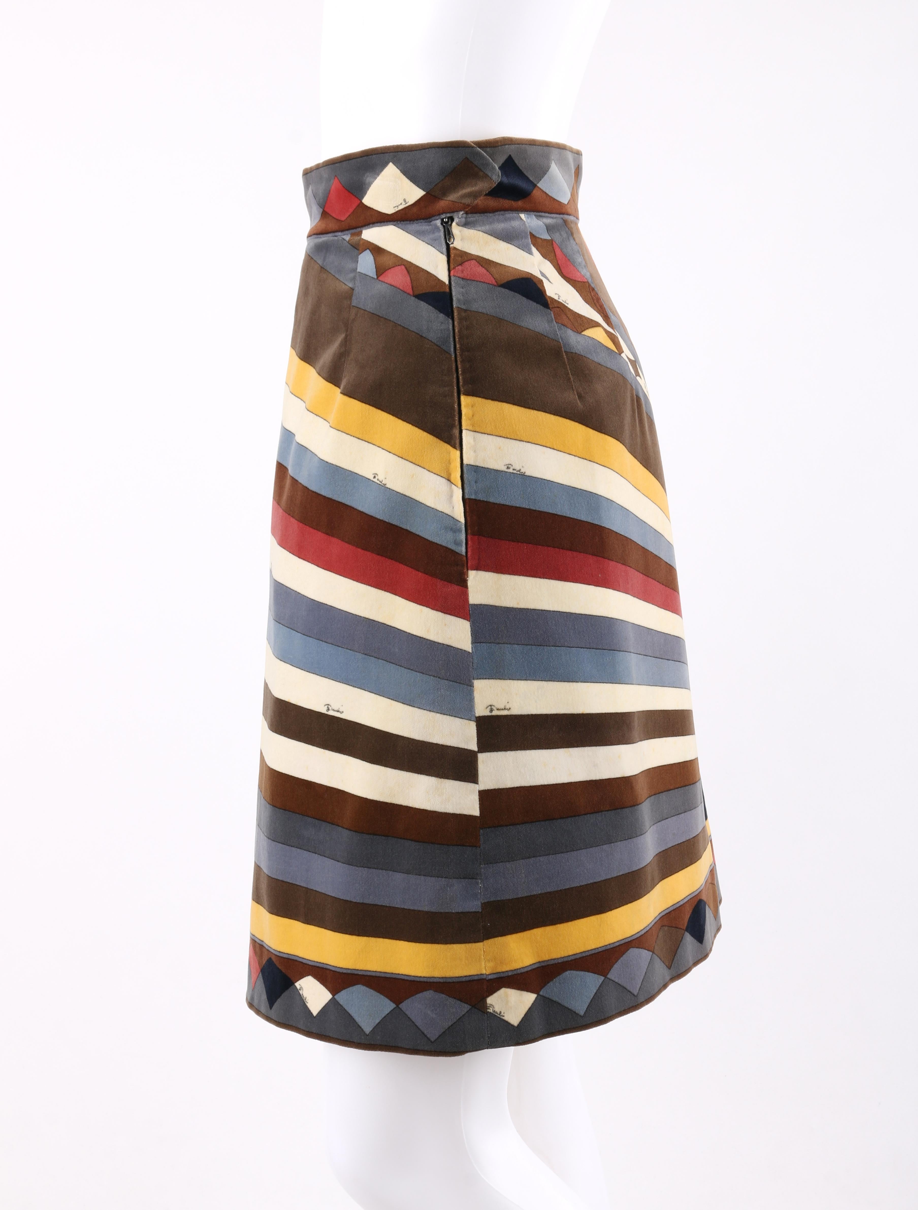 Black EMILIO PUCCI c.1960’s Multi-Color Velvet Signature Print A-Line Pleated Skirt For Sale