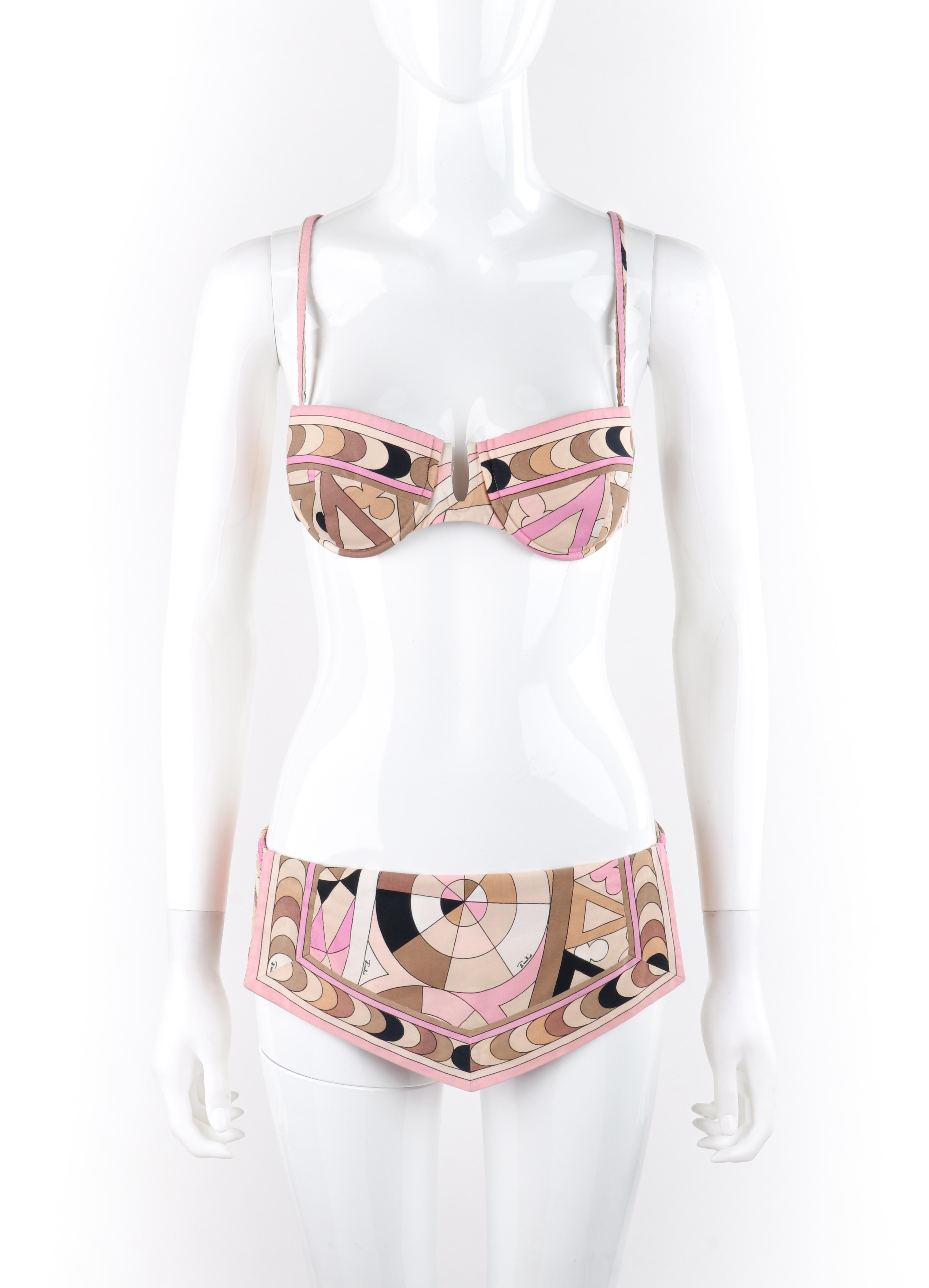 EMILIO PUCCI c.1960’s Multicolor Floral Geometric 2 Pc Bikini Bathing Swimsuit
Circa: 1960’s 
Label(s): Emilio Pucci, Exclusively for Saks Fifth Avenue 
Designer: Emilio Pucci
Style: Bikini 
Color(s): Shades of pink, tan, white, black, brown,