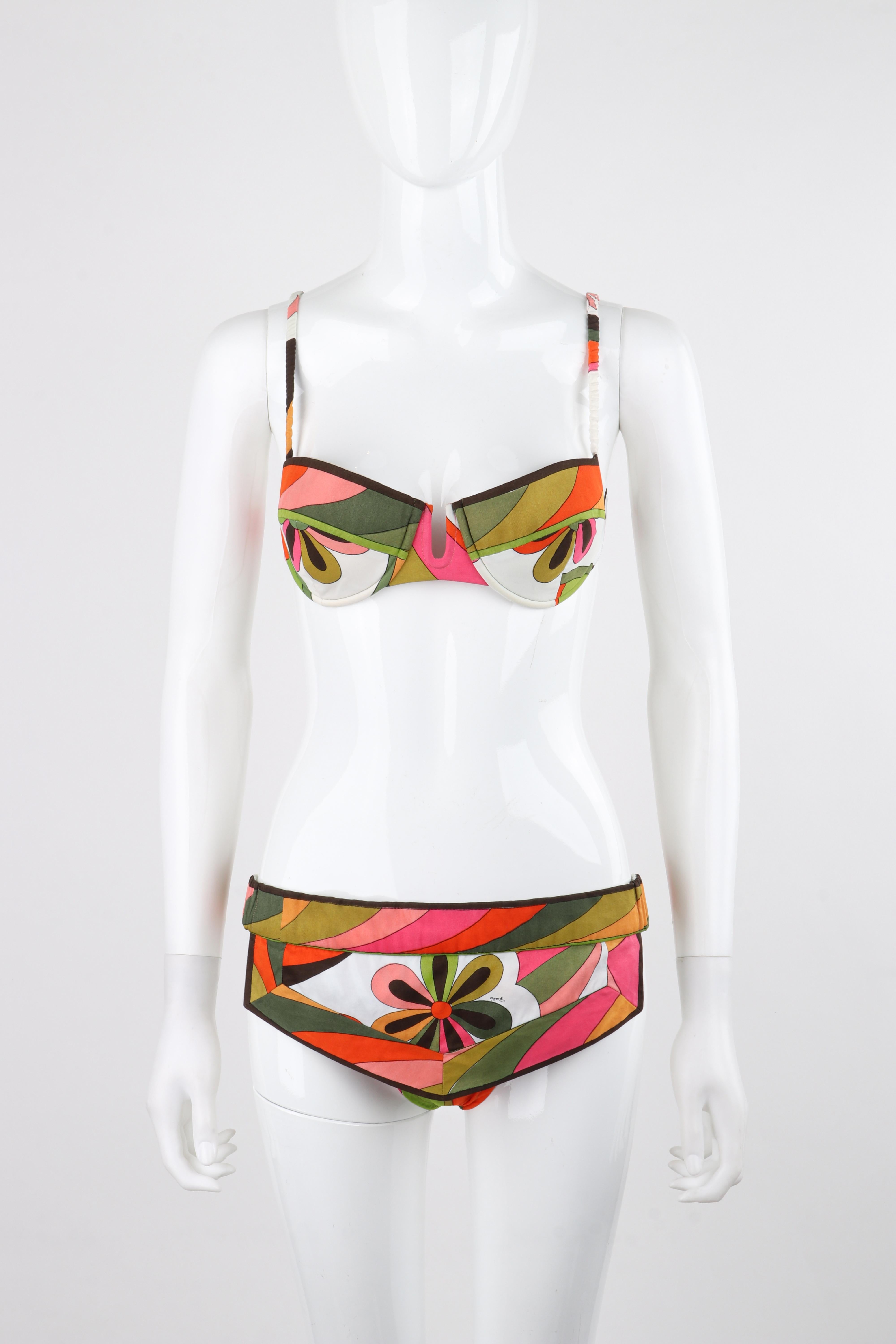 EMILIO PUCCI c.1960’s Multicolor Floral Op Art 2 Pc Bikini Bathing Swimsuit

Brand / Manufacturer: Emilio Pucci
Circa: 1960s
Designer: Emilio Pucci
Style: Swimsuit
Color(s): Shades of white, green, pink, orange and black
Lined: Yes
Marked Fabric
