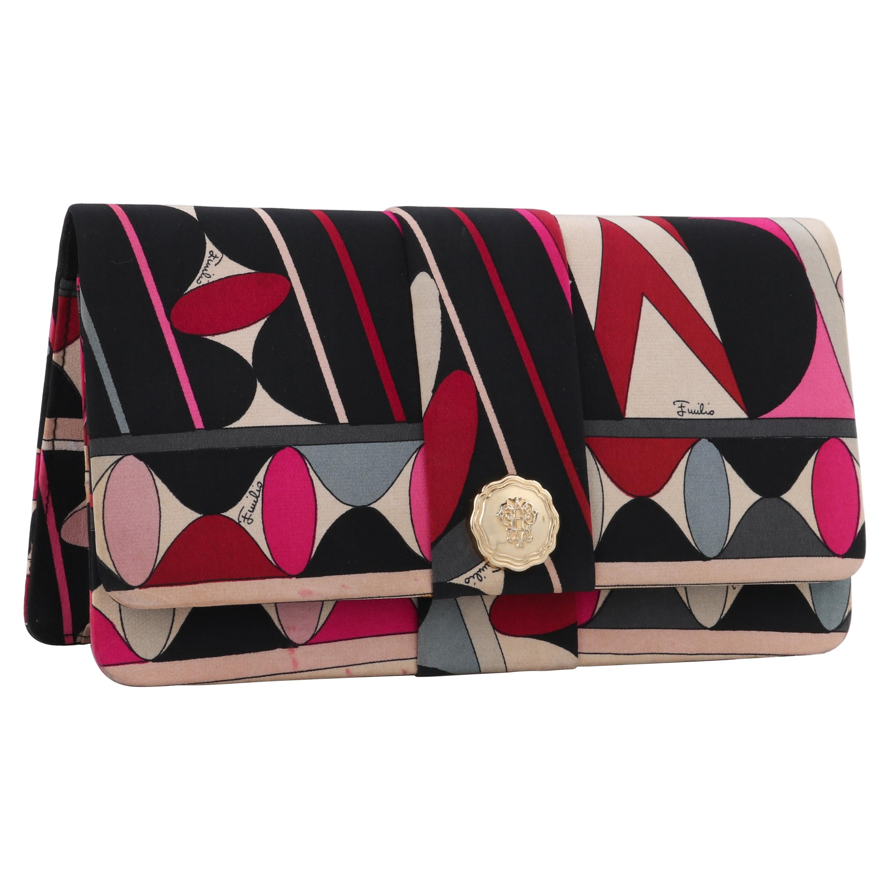 EMILIO PUCCI c.1960’s Multicolor Geometric Op Art Logo Silk Foldover Clutch Bag