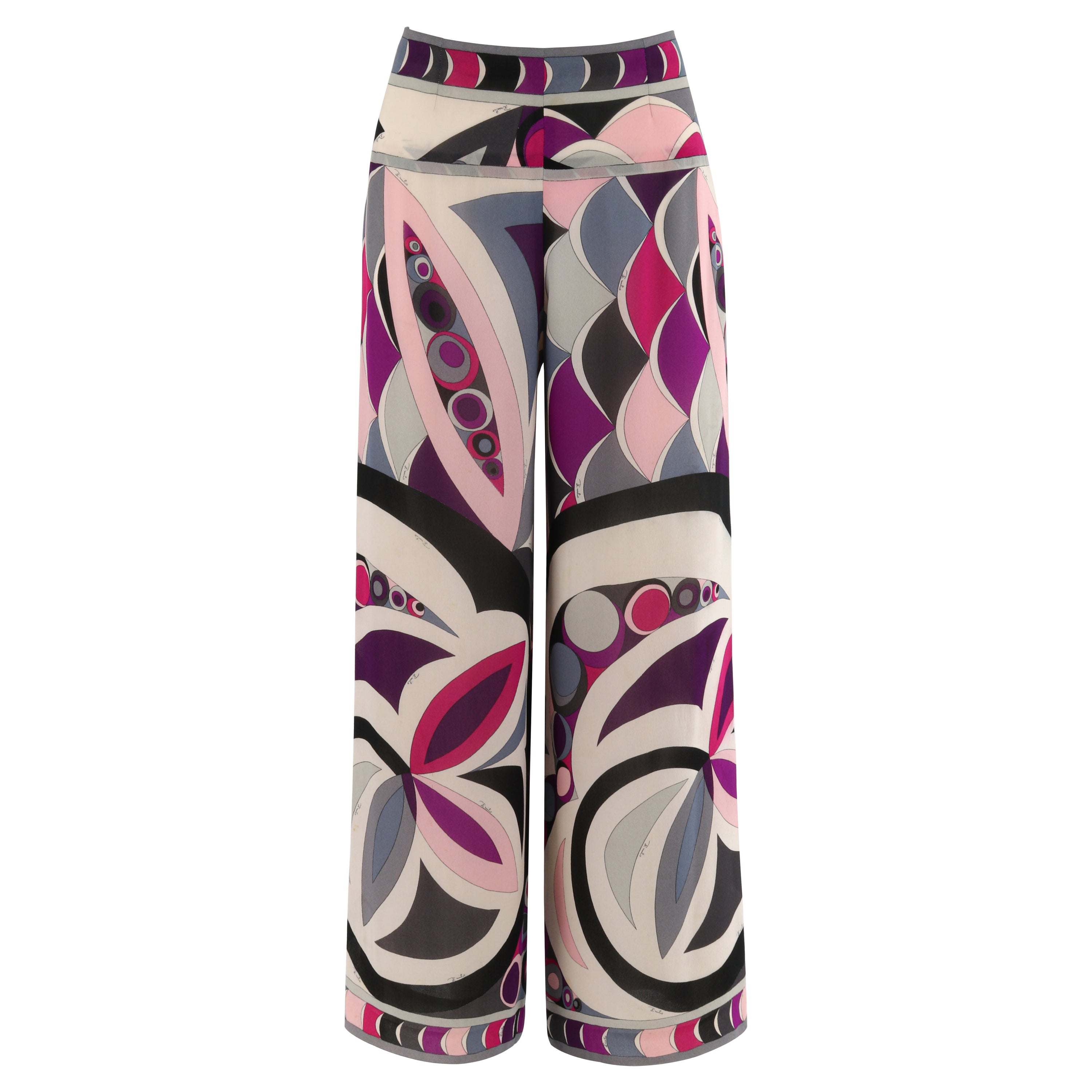 Pantalon à jambes larges Emilio Pucci en soie imprimé scripture multicolore (années 1960)