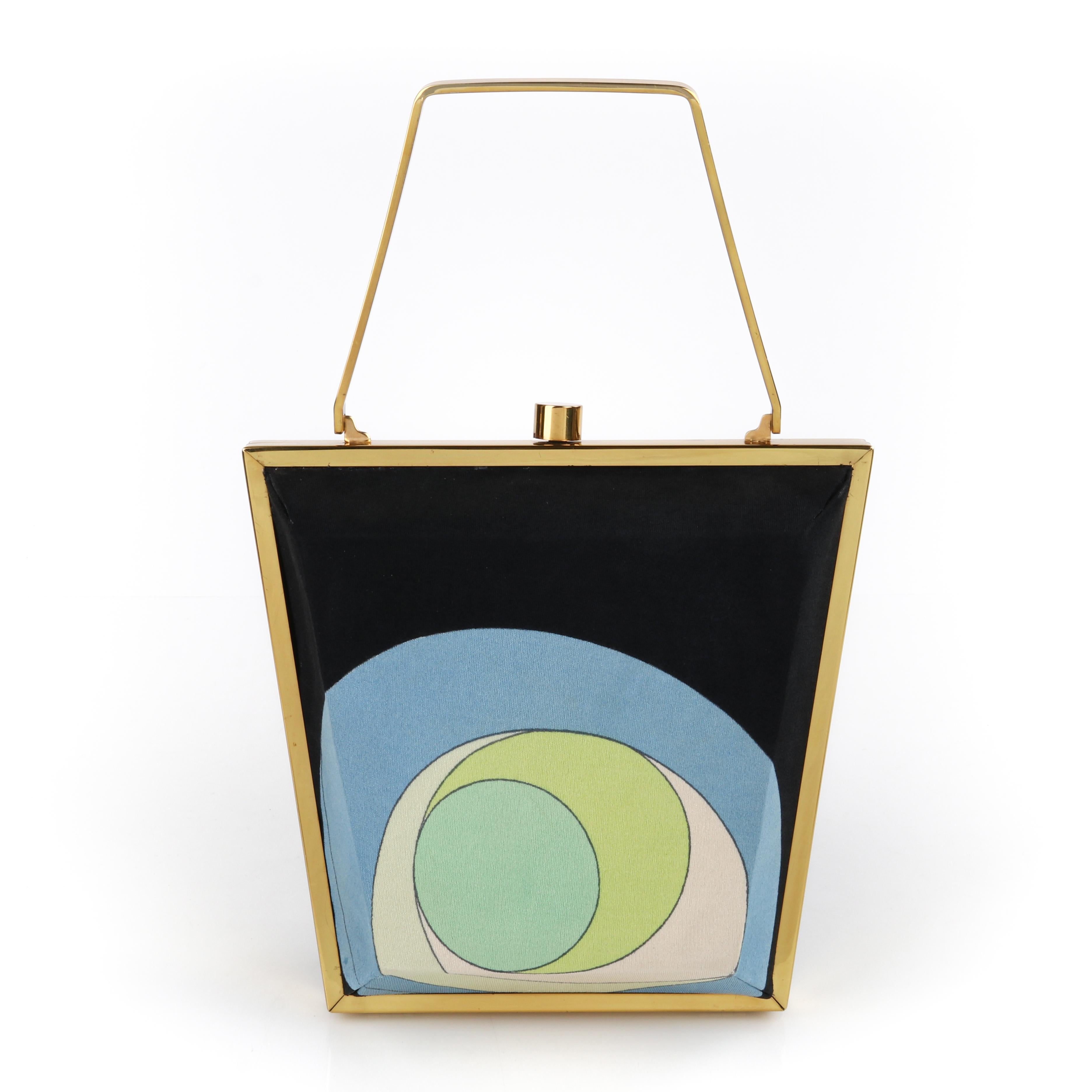 EMILIO PUCCI c.1960s Multicolor Signature Op Art Structured Silk Metal Box Purse
 
Brand/Manufacturer: Emilio Pucci 
Circa: 1960s
Designer: Emilio Pucci
Style: Box purse
Color(s): Shades of blue, green, white, purple, black; Hardware: gold
Lined: