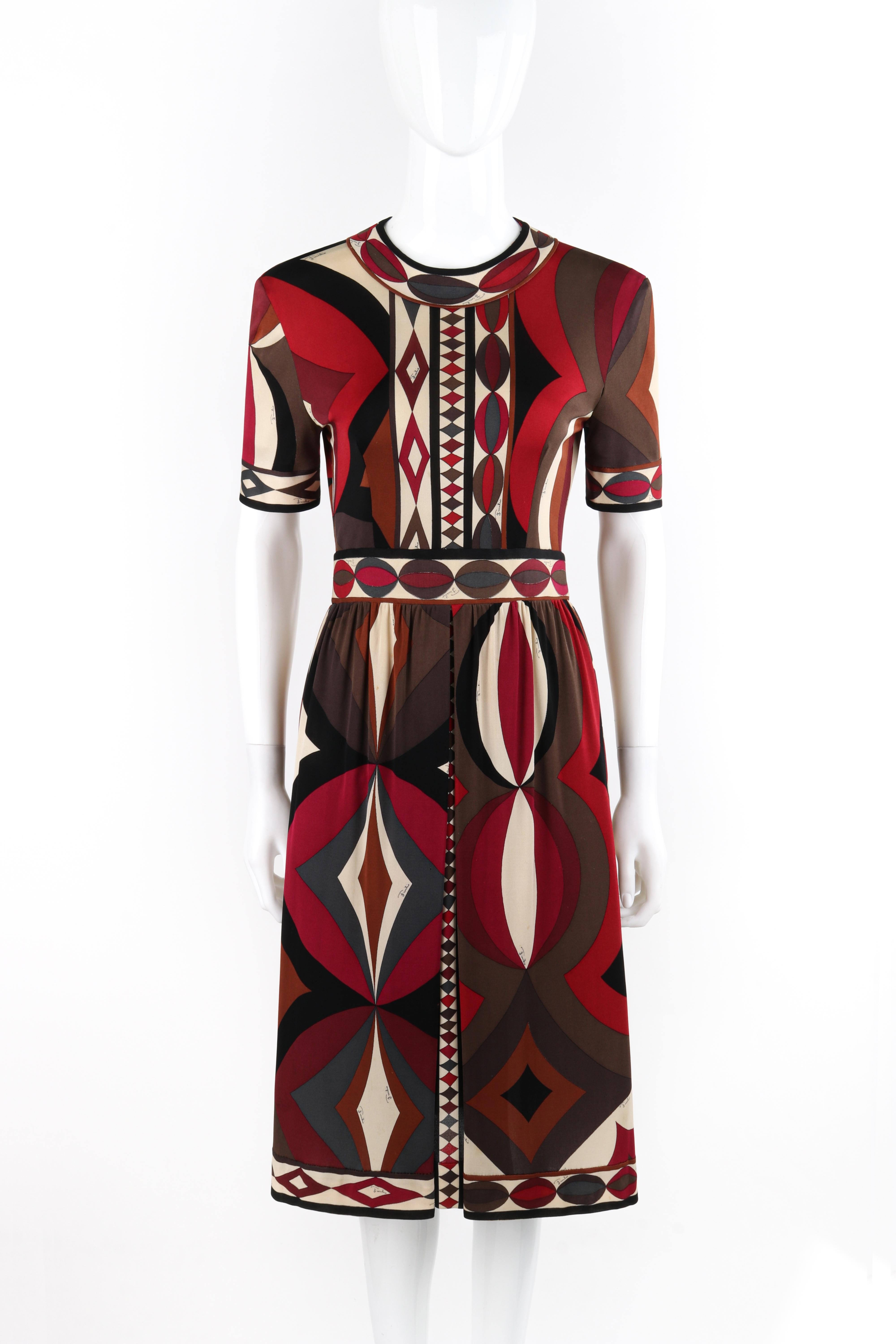EMILIO PUCCI c.1960s Multicolor Silk Geometric Print Short Sleeve Pleated Dress

Brand / Manufacturer: Emilio Pucci
Circa: 1960s
Designer: Emilio Pucci
Style: Short sleeve dress
Color(s): Shades of pink, black, white, brown, gray, purple
Lined: