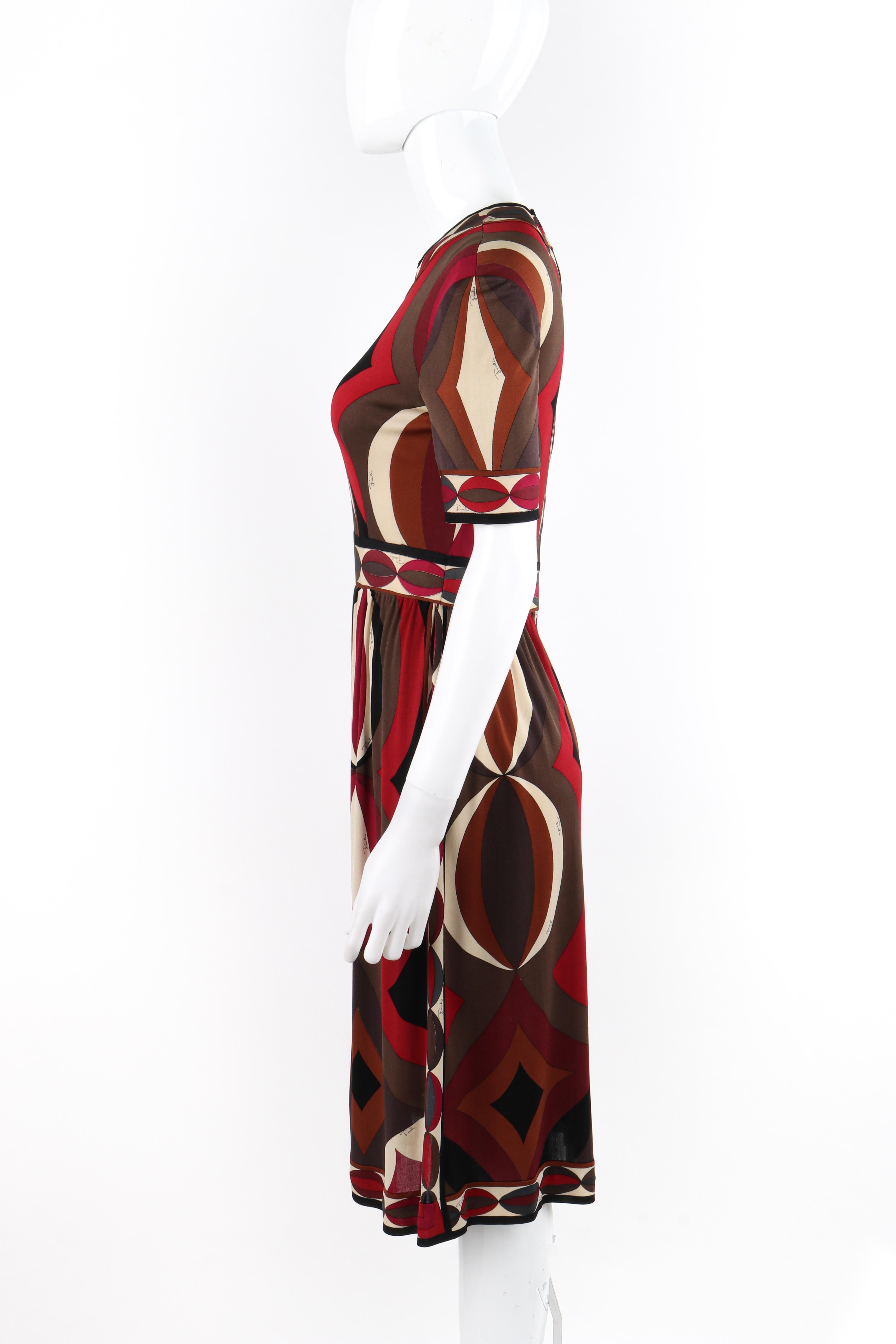 EMILIO PUCCI c.1960s Multicolor Silk Geometric Print Short Sleeve Pleated Dress In Fair Condition For Sale In Thiensville, WI
