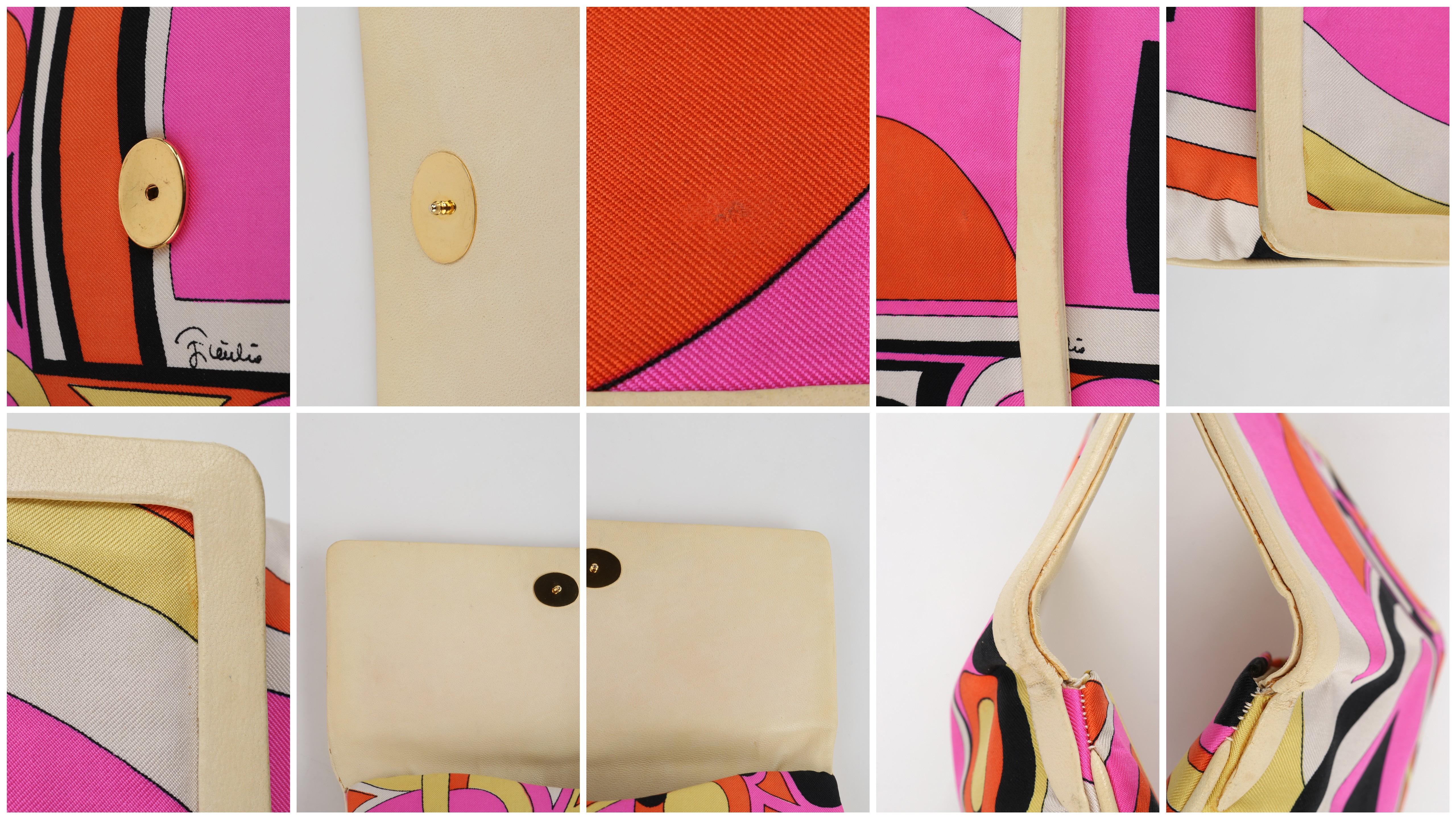 EMILIO PUCCI c.1960s Multicolor Silk & Leather Op Art Geometric Print Clutch Bag 8