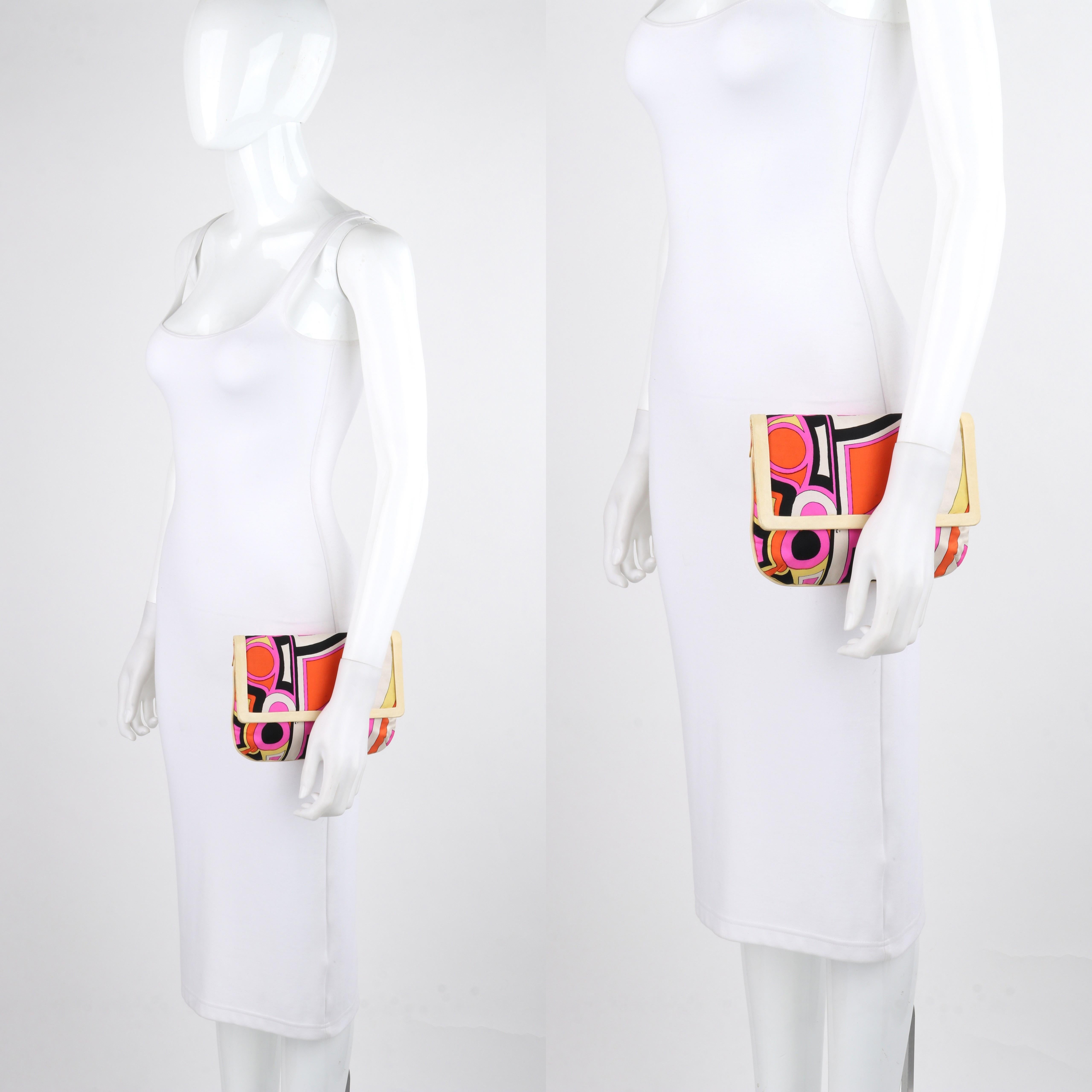 Brown EMILIO PUCCI c.1960s Multicolor Silk & Leather Op Art Geometric Print Clutch Bag