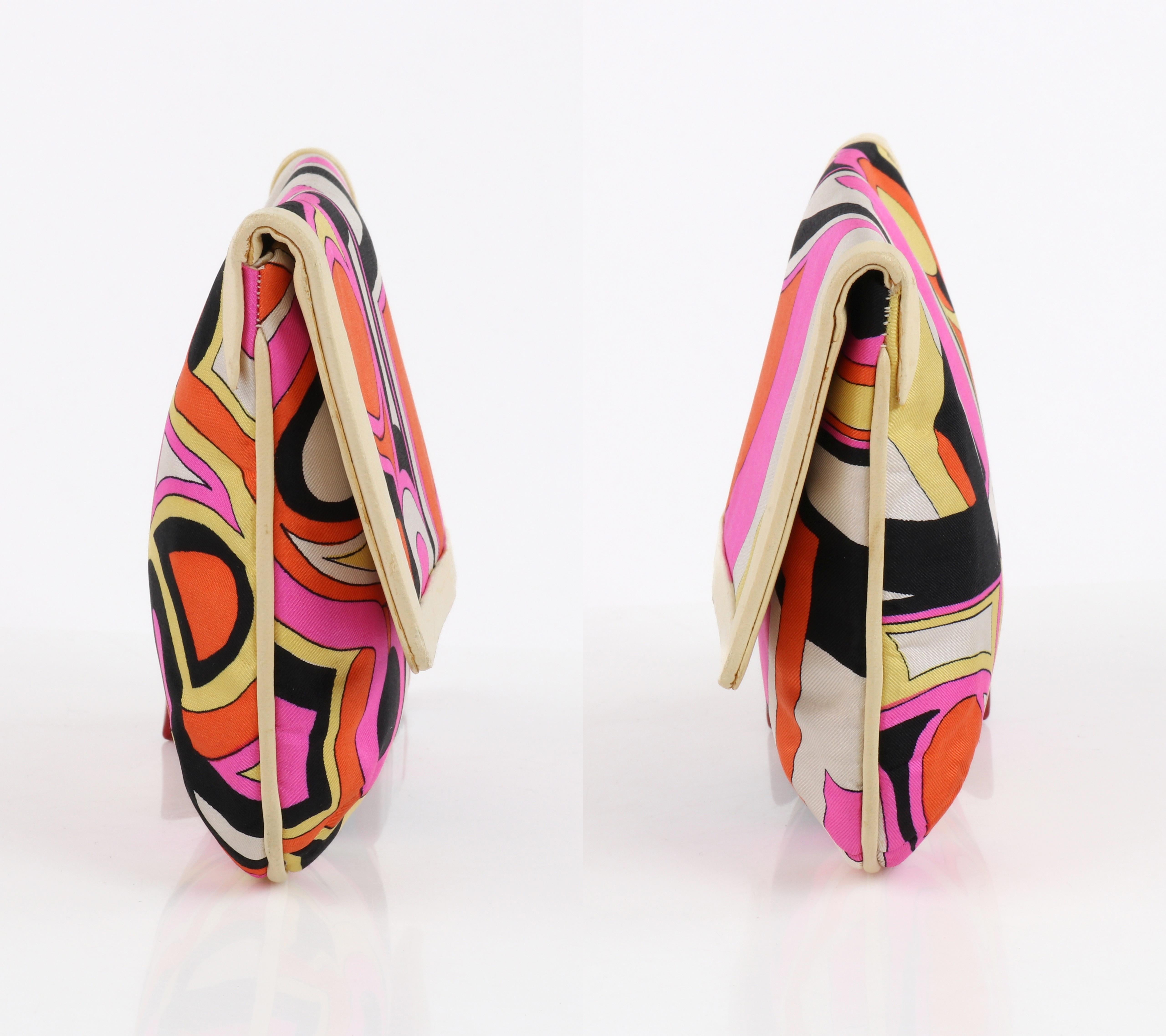 EMILIO PUCCI c.1960s Multicolor Silk & Leather Op Art Geometric Print Clutch Bag In Good Condition In Thiensville, WI
