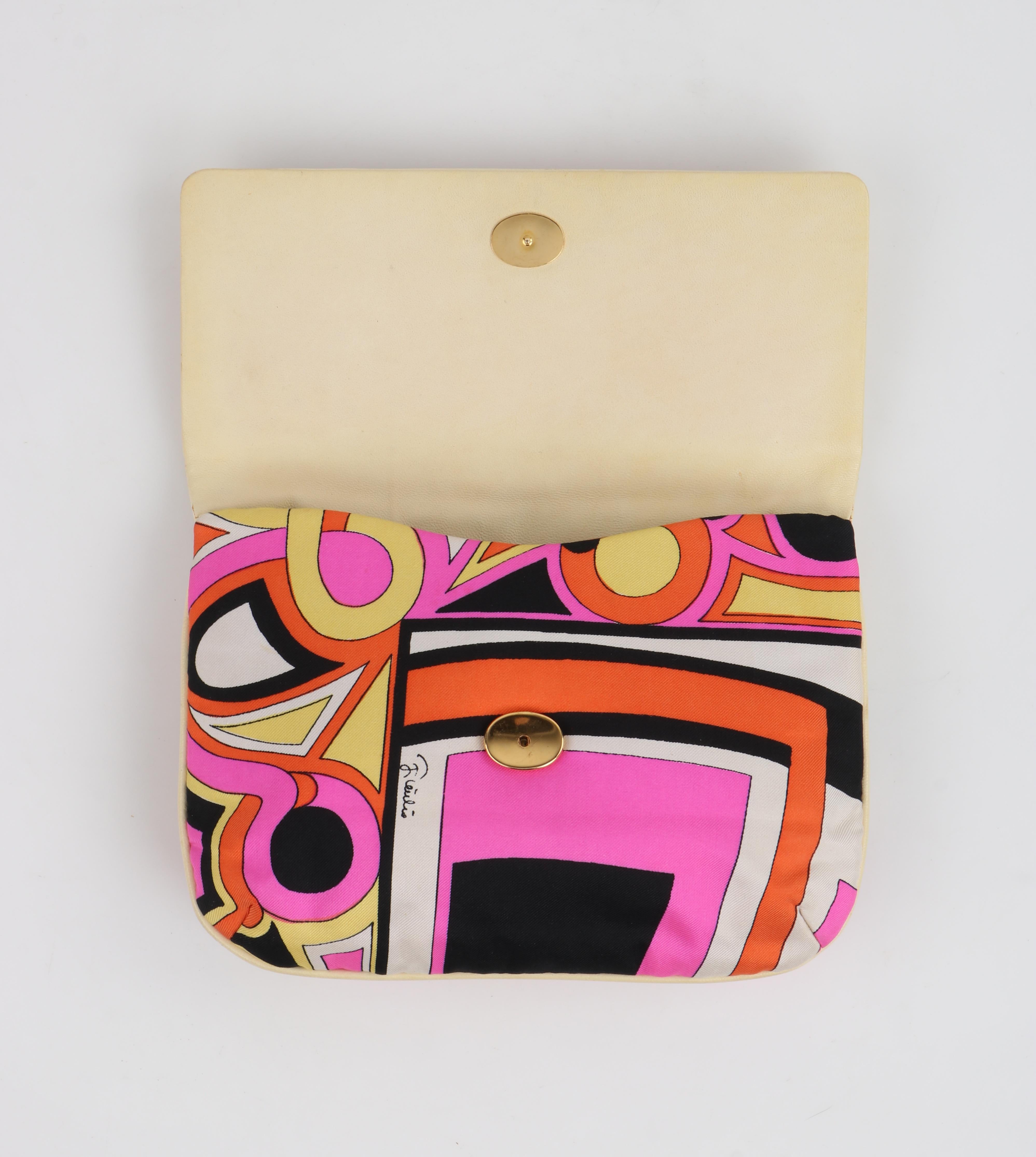 Women's EMILIO PUCCI c.1960s Multicolor Silk & Leather Op Art Geometric Print Clutch Bag