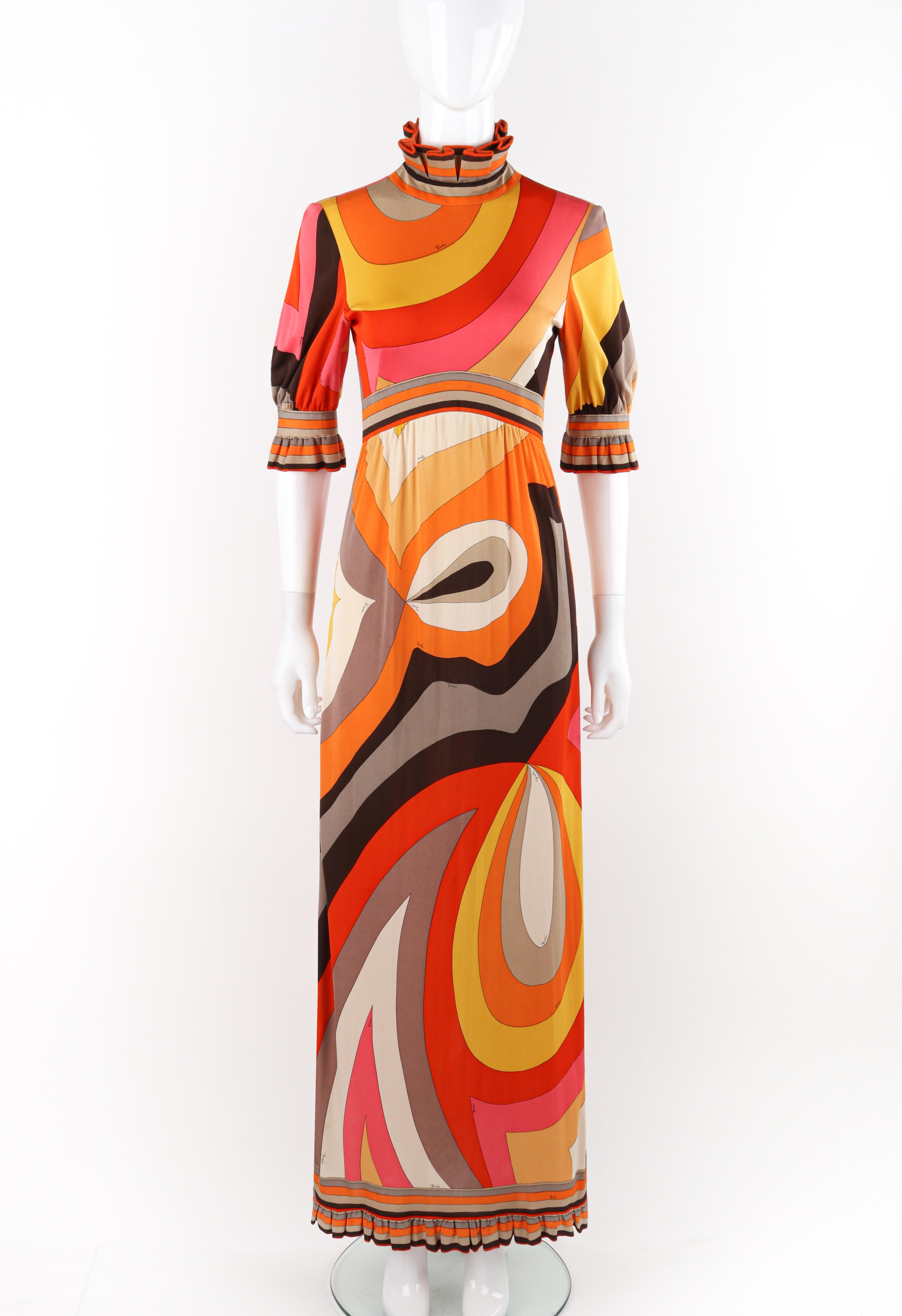 Brand / Manufacturer: Emilio Pucci
Circa: 1960s
Designer: Emilio Pucci 
Style: Maxi Dress
Color(s): Shades of brown, pink, orange, yellow, gray, white, black, red
Lined: No
Unmarked Fabric Content (feel of): Silk (primary fabric, lining), metal