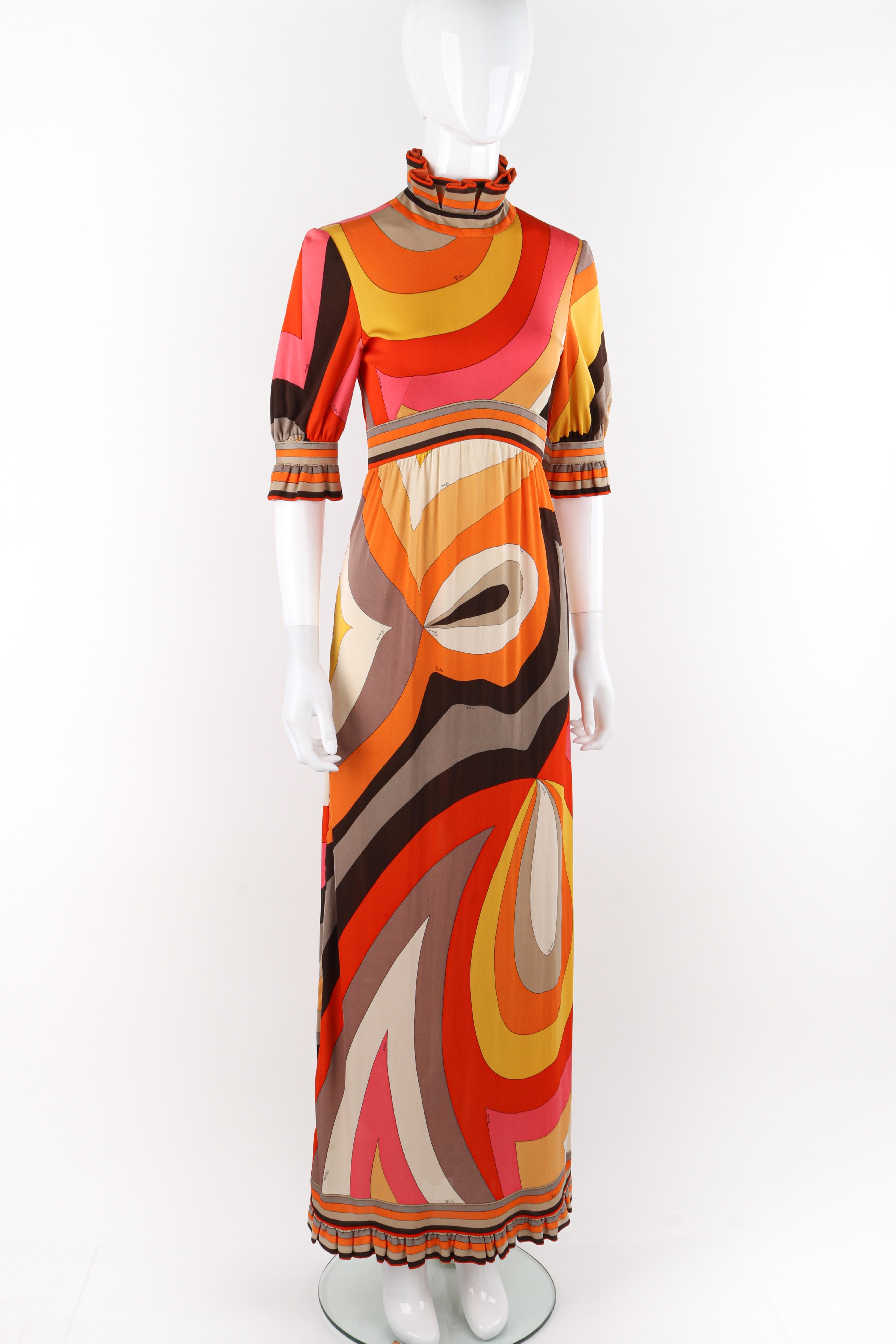 Brown EMILIO PUCCI c.1960s Multicolor Silk Ruffle Empire Waist Mock-Neck Maxi Dress