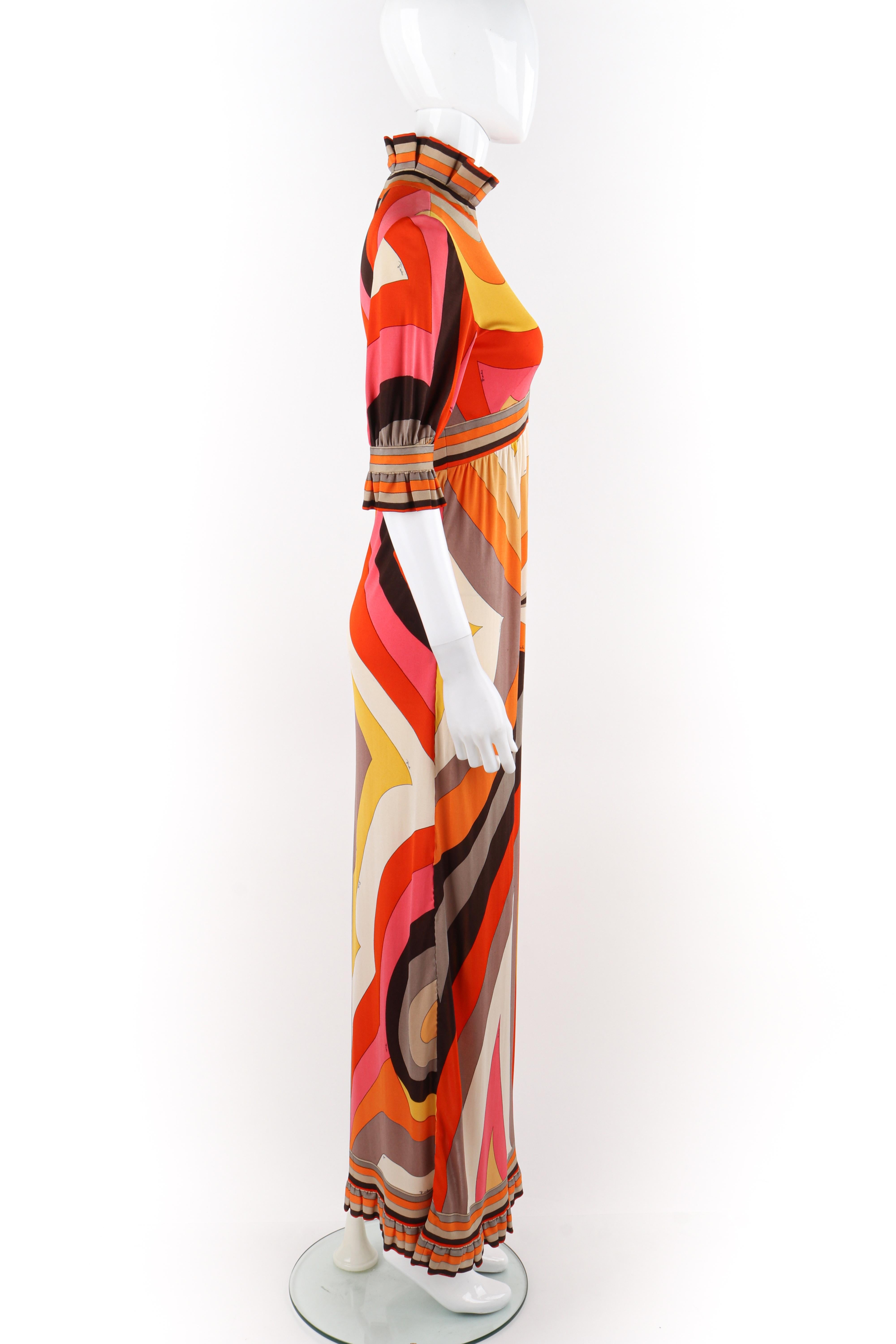 EMILIO PUCCI c.1960s Multicolor Silk Ruffle Empire Waist Mock-Neck Maxi Dress In Fair Condition In Thiensville, WI