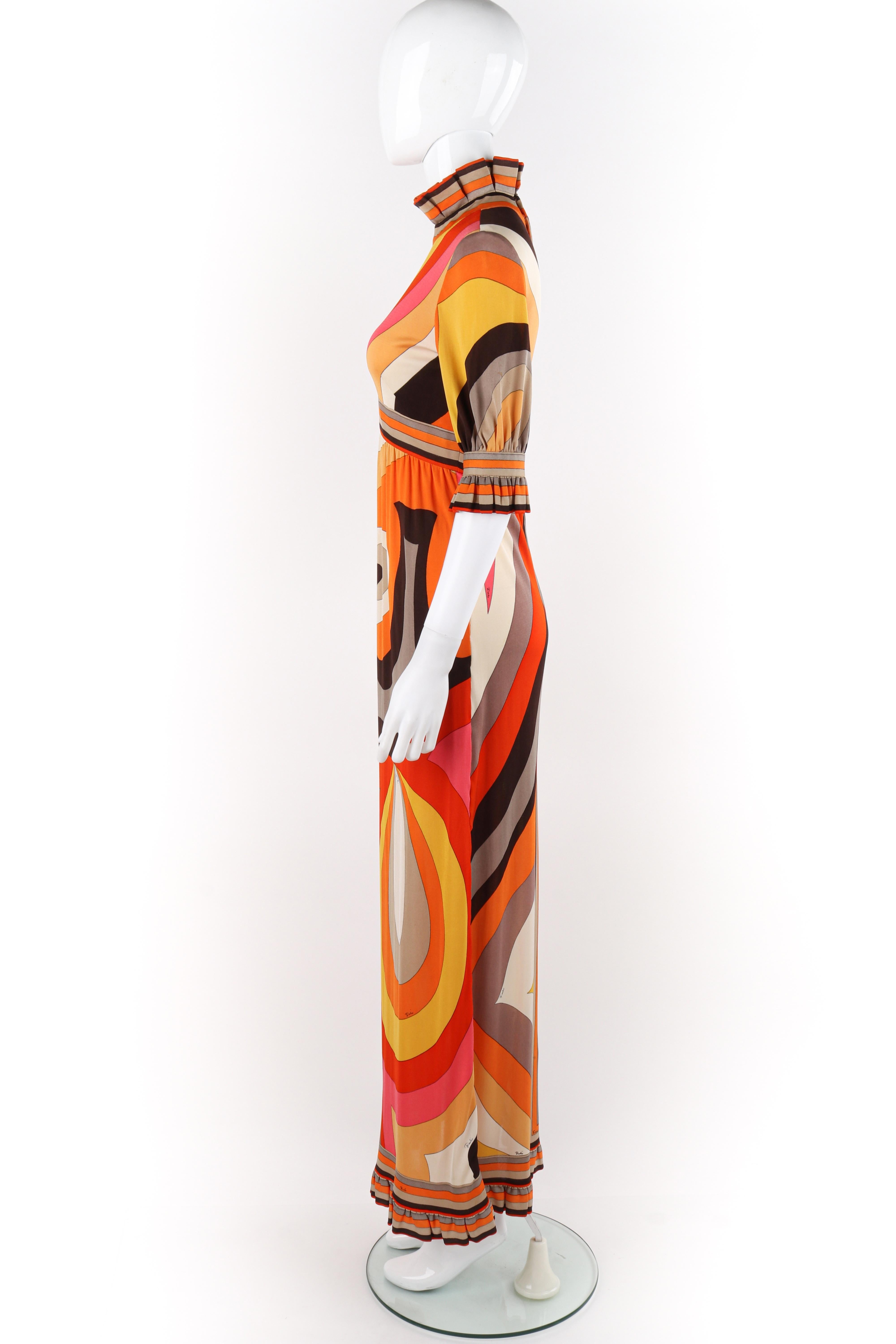 EMILIO PUCCI c.1960s Multicolor Silk Ruffle Empire Waist Mock-Neck Maxi Dress 1