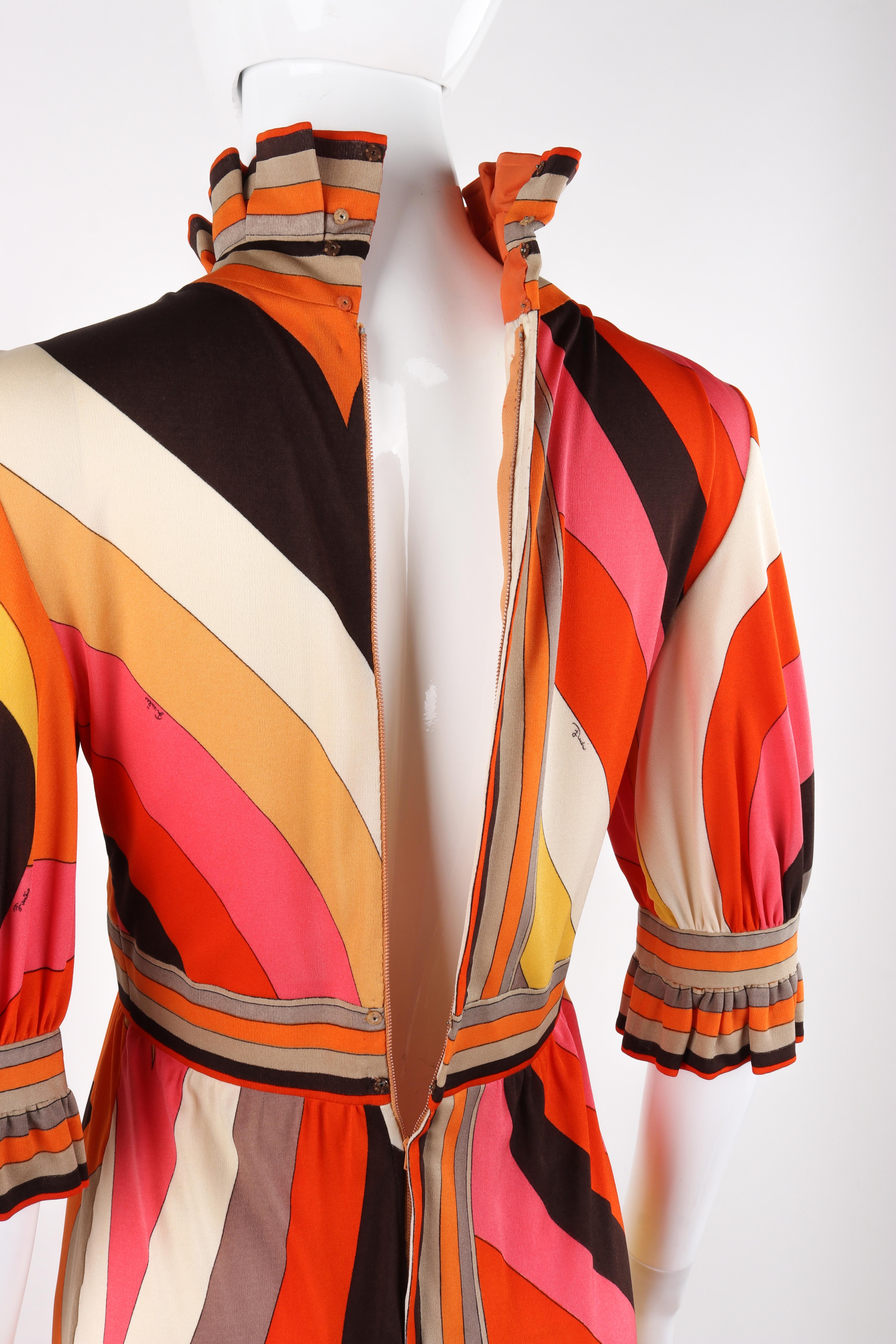 EMILIO PUCCI c.1960s Multicolor Silk Ruffle Empire Waist Mock-Neck Maxi Dress 2
